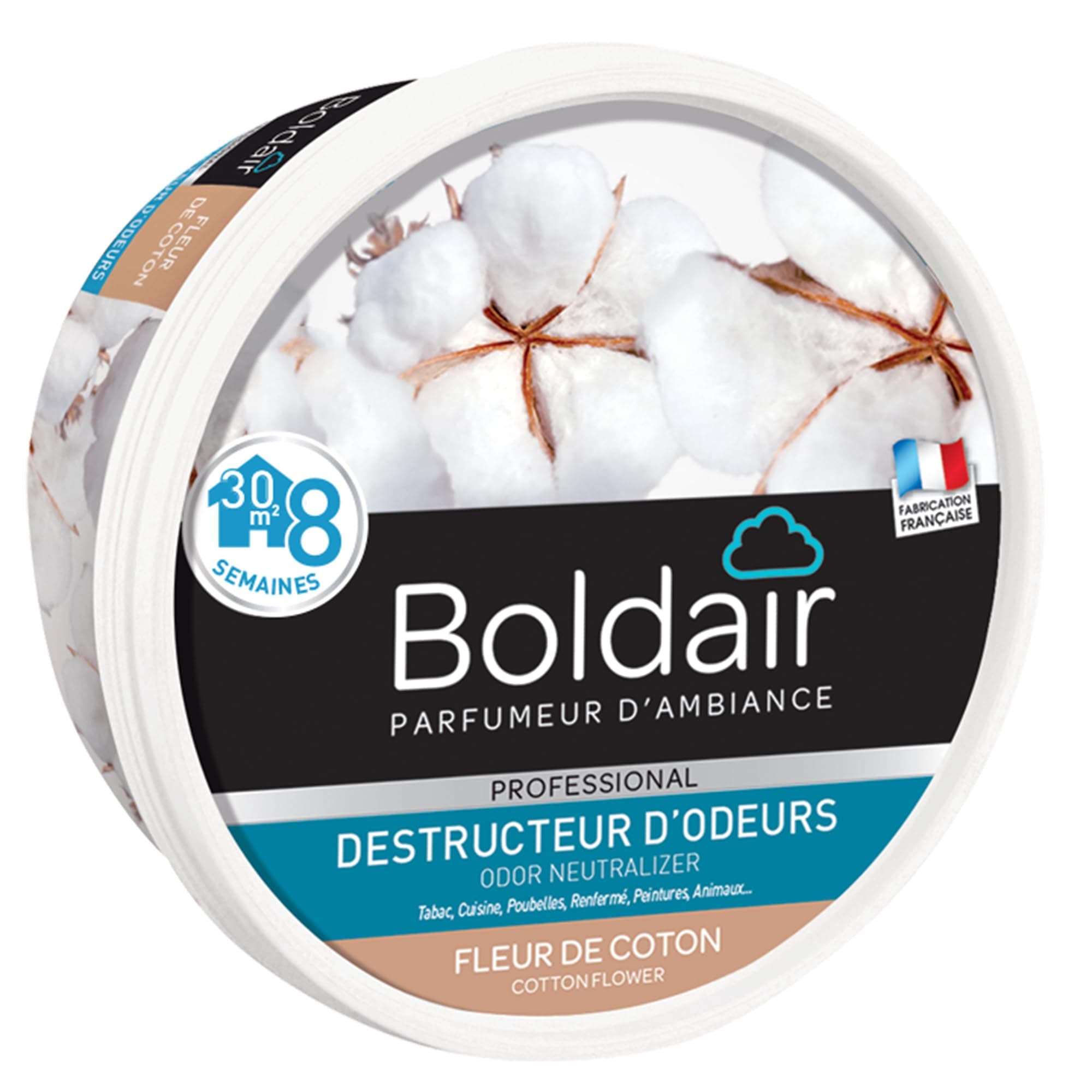 BOLDAIR - Destructeur d'Odeurs en Gel Fleur de Coton - Neutralise les Mauvaises Odeurs & Parfume l'Air - Made in France - Boîte Diffuseuse 300 g