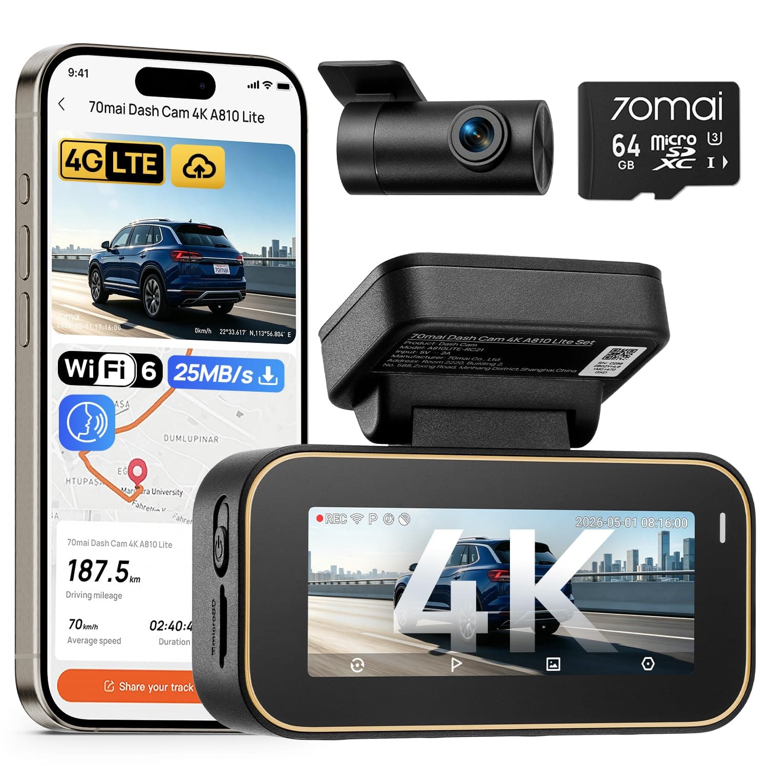 70mai A810 Lite Dash Cam Auto 4K +1080P, 5GHz WiFi, Doppia Telecamera per Auto con GPS, Support 4G LTE, HDR, Visione Notturna, Parcheggio 24/7, Sensore G, Registrazione in Loop, F1.55, Scheda da 64 GB