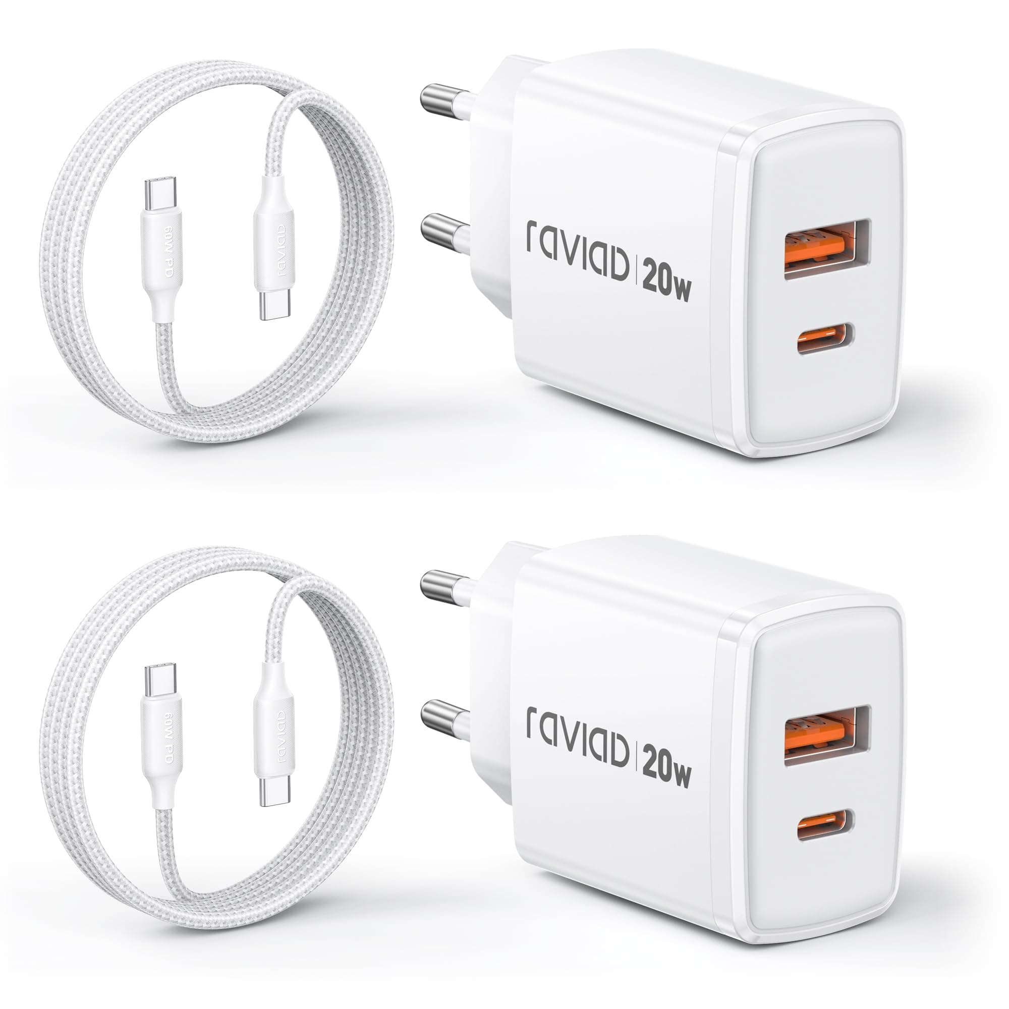 RAVIAD 20W Cargador USB C Carga Rapida 2Pack, 2Puerto Cargador y 2M Cable | Cargador Tipo C y Cable USB C Compatible con iPhone 18 Duo 17 16 16e 15 Pro Max, iPhone Air, Galaxy S26 , iPad Pro, Macbook