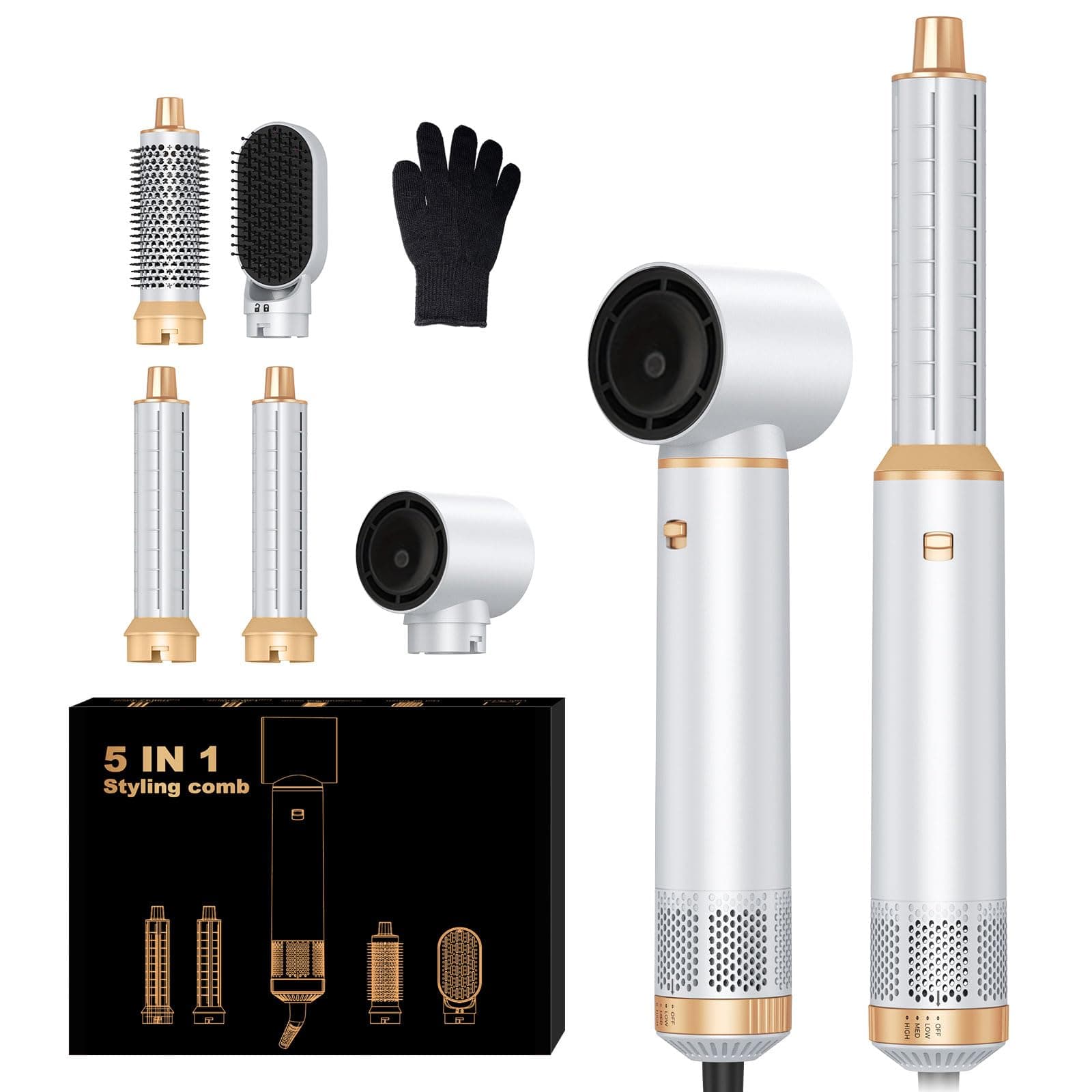 MogaWave Airbrush 5 en 1 Air Styler Pro Hair styler Magic Styler avec 1000W Seche Cheveux, Brosse Soufflante, Brosse Seche Cheveux, Brushing Brosse Soufflante, Air Curler, Brosse Brushing Soufflante