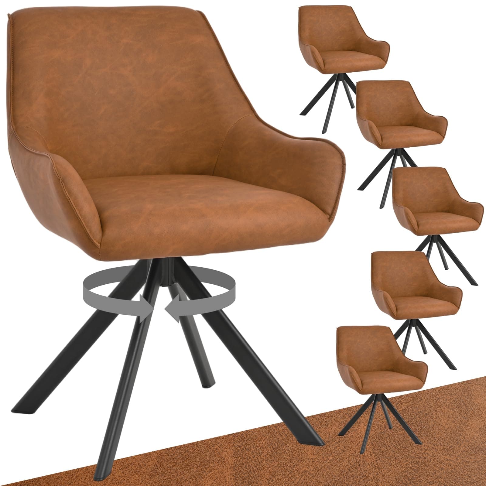 Goeurvant Chaises Pivotantes Lot de 6 – Chaises Similicuir avec Accoudoirs, 360° Pivotantes, Pieds Métal, Dossier Confort, pour Salle à Manger, Salon, Marron