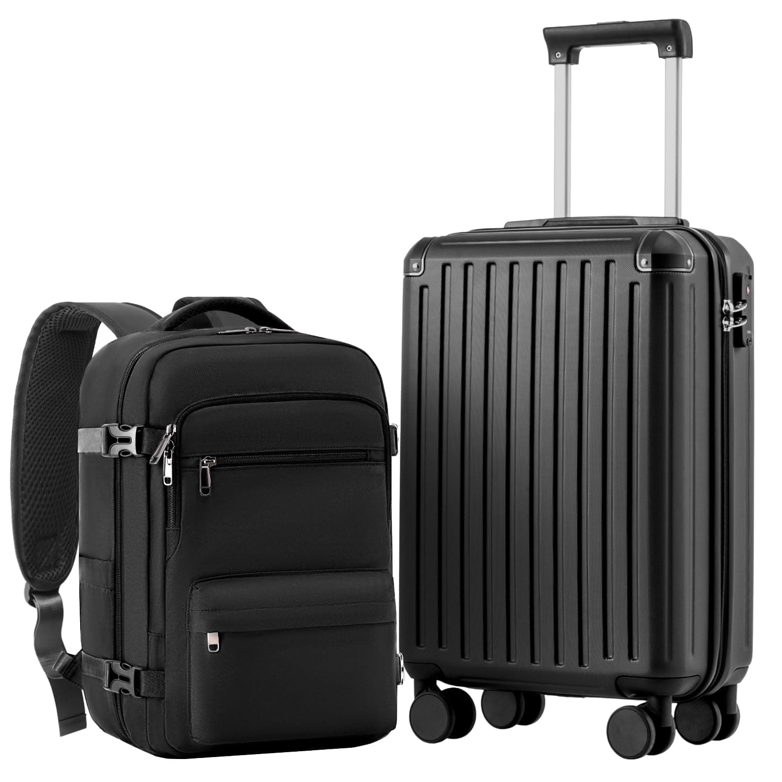 COOLIFE Maleta de Cabina 55 x 40 x 20 cm para avión Ryanair, Equipaje de Mano, Equipaje de Cabina, maletín rígido con Cerradura TSA y 4 Ruedas gemelas (Negro, 55 x 35 x 20 cm - Set de 2 Piezas)