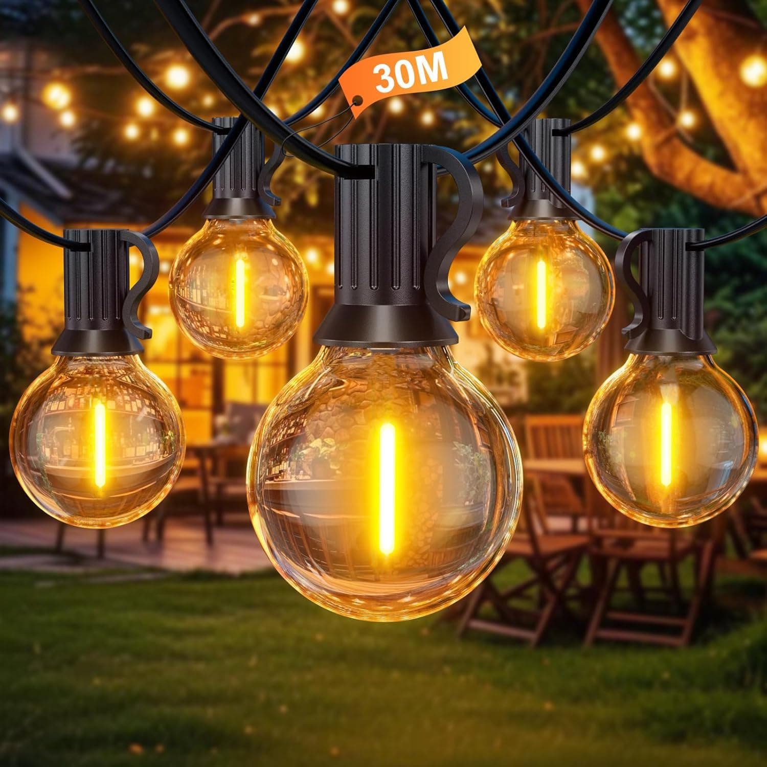 BokiHuk Catena Luminosa Esterno 30M, G40 Luci per Esterno con 50+2 Lampadine, Lmpermeabile Catena Lampadine Esterno per Terrazza Giardino Festa Matrimonio, Natale, Gazebo