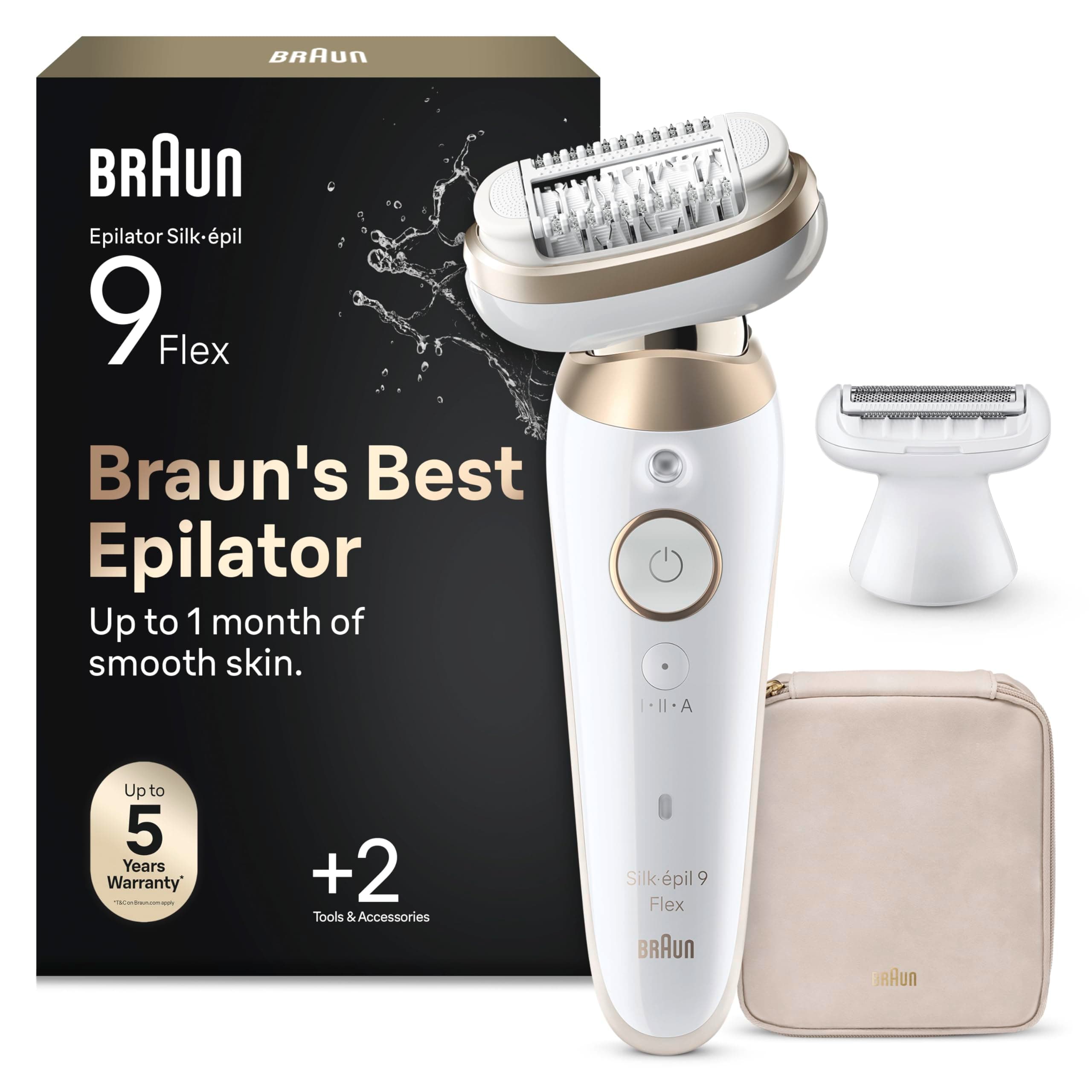 Braun Silk·épil 9 Flex Depiladora Eléctrica Mujer, 9-041 3D, Oro | Depiladora Corporal Resistente al Agua con Cabezal Flexible, Depila, Rasura y Recorta, 2 Cabezales Y Funda, Depilación Suave