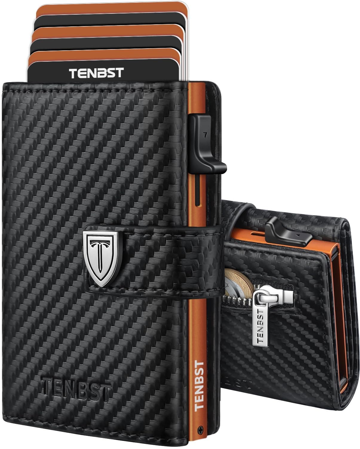 TENBST Carteras para Hombre - Ultrafina Cartera Hombre con Monedero y protección RFID, Tarjetero pequeño Premium, Billeteras para de Lujo para 10 Tarjetas de crédito (Negro & Naranja)