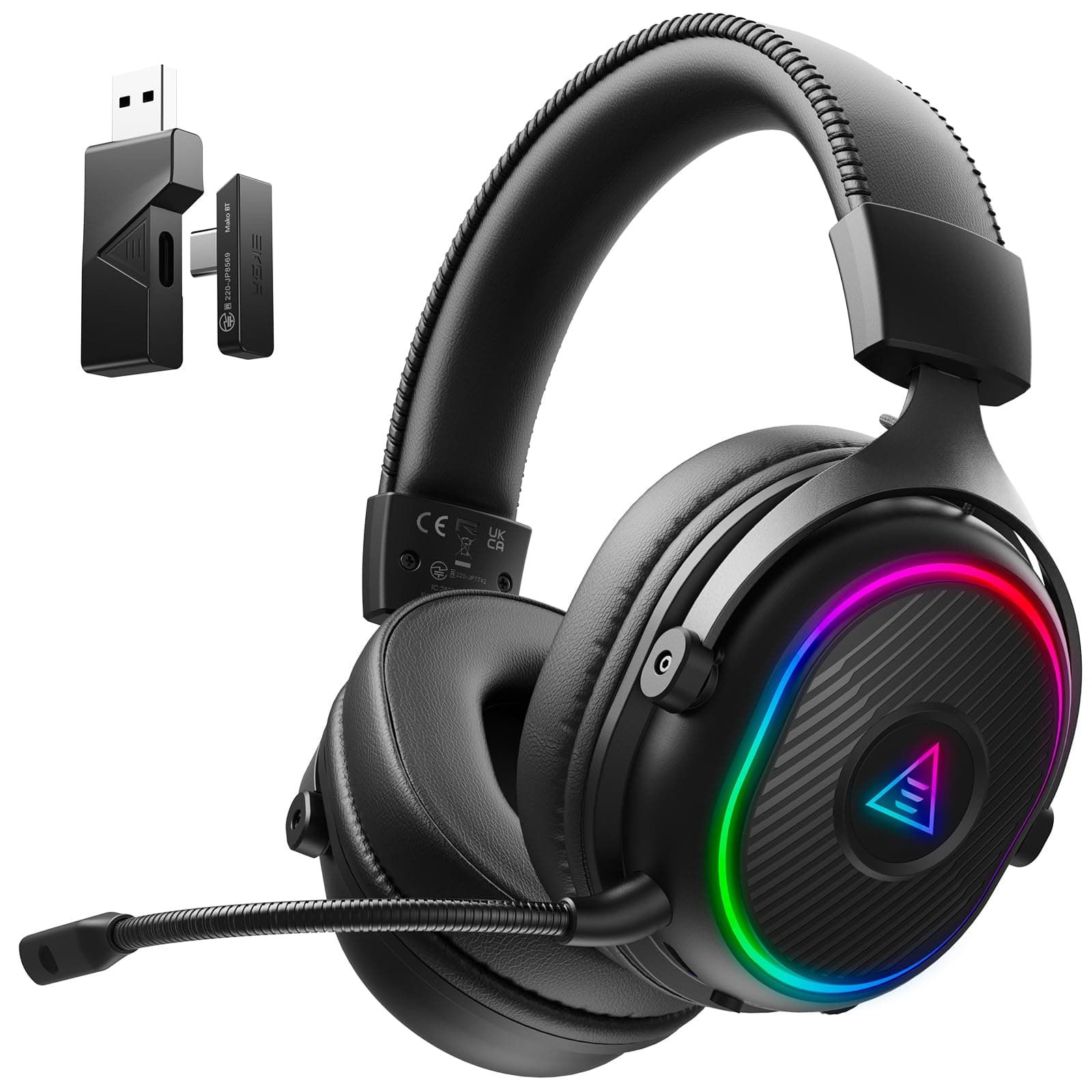 EKSA Casque Gaming sans Fil, 2,4 GHz Casque Gamer pour PS5/PS4/PC/Switch/Mac, Casque Bluetooth 5.3 avec Microphone, Latence de 30MS, Durée D'utilisation Maximale 80H, RVB, USB&USB-C