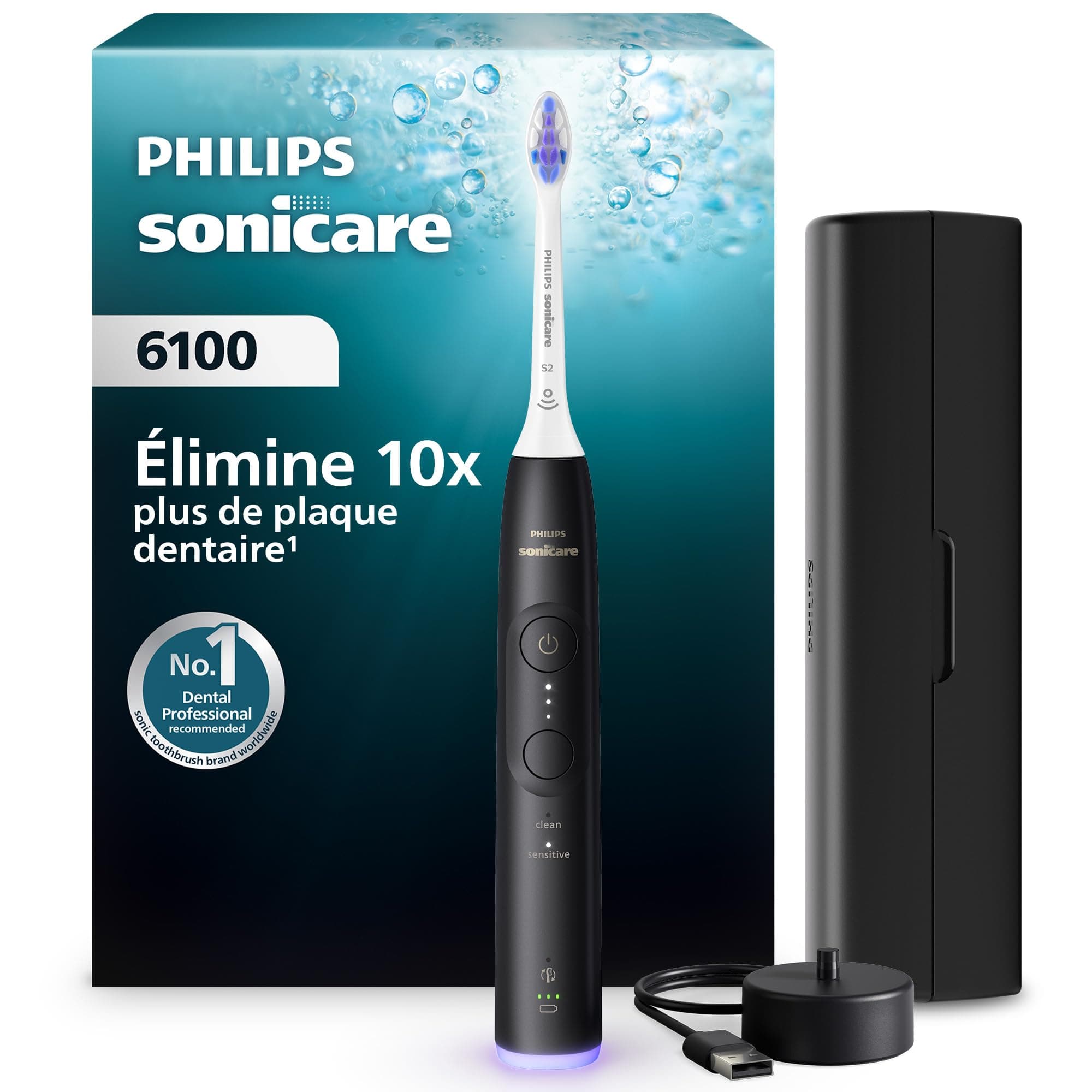 Philips Sonicare 6100 - Brosse à dents électrique sonique avec 2 modes de brossage et 3 niveaux d'intensité, Alerte de pression, EasyStart, SmarTimer, Noir, modèle HX7401/07 [Nouvelle technologie]