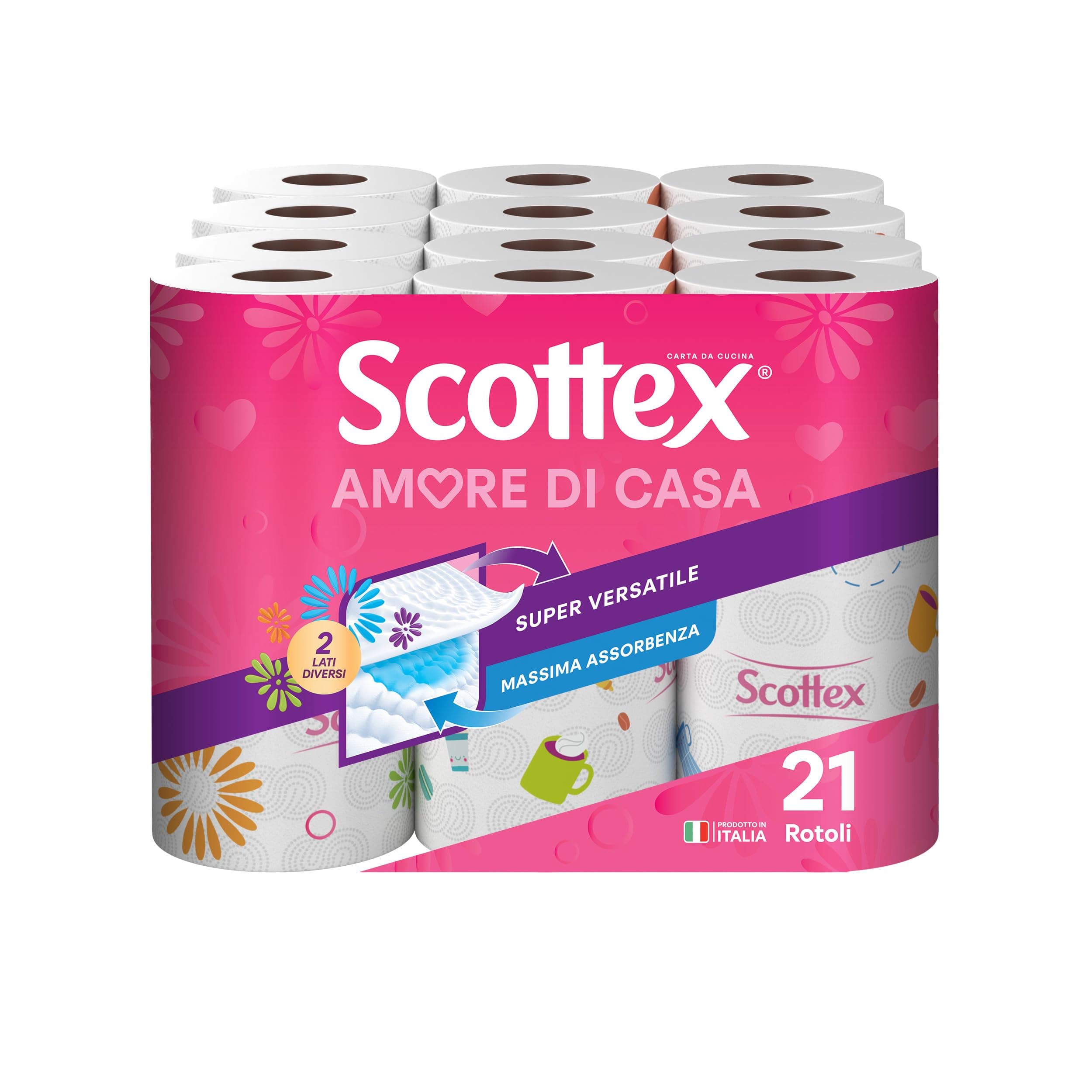 Scottex Amore di Casa, Carta da Cucina, 21 Rotoli da 68 Strappi, Carta Assorbente, Rotoloni carta per la Cura di Casa e cucina