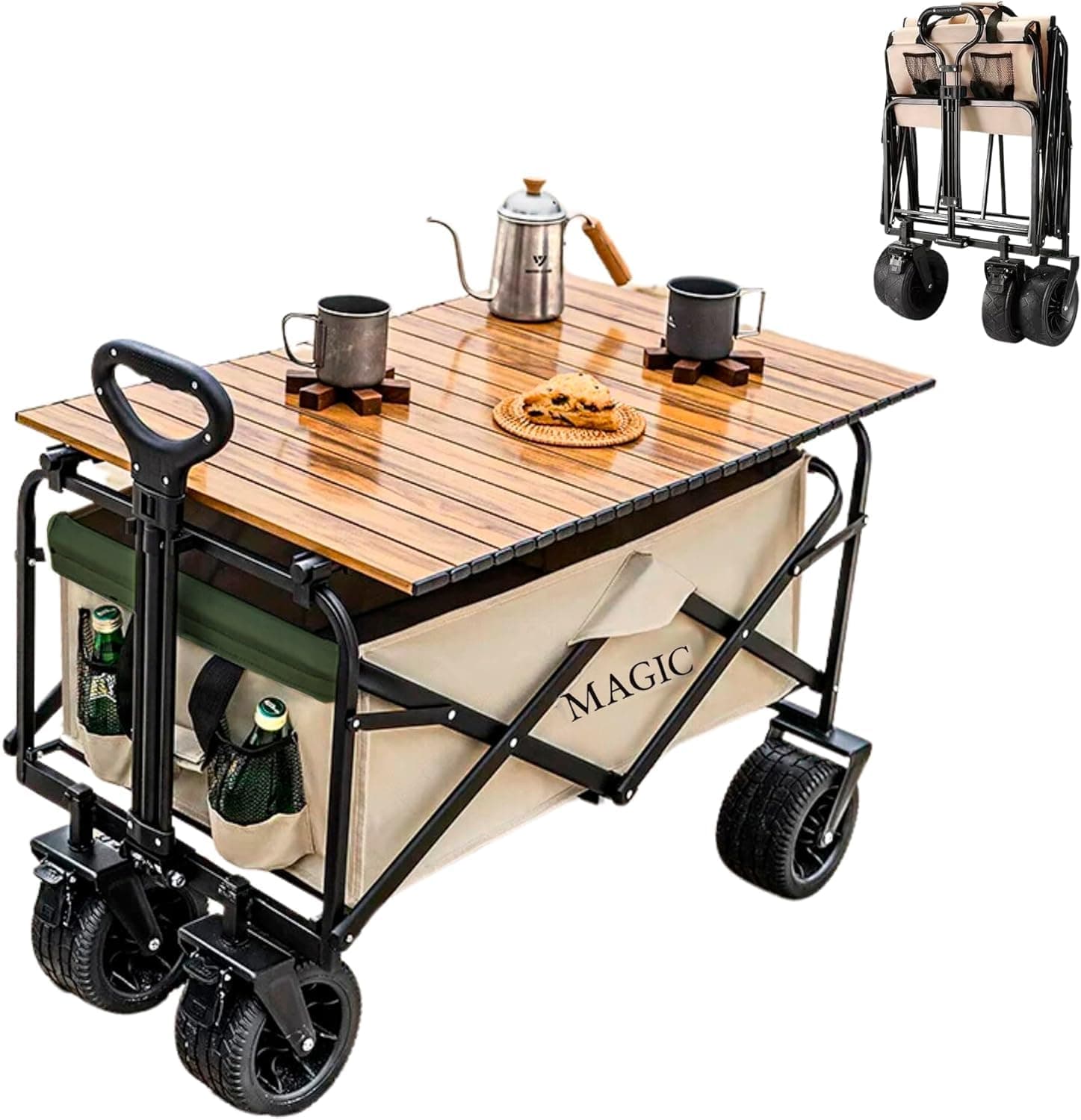 𝗖𝗮𝗿𝗿𝗼 𝗱𝗲 𝗣𝗹𝗮𝘆𝗮 Plegable para Camping, Picnic, etc. Carrito de Mano Convertible en Mesa para Jardín. Carreta de Transporte con Bolsa y Mango Ajustable. Carretilla con Ruedas con Freno.