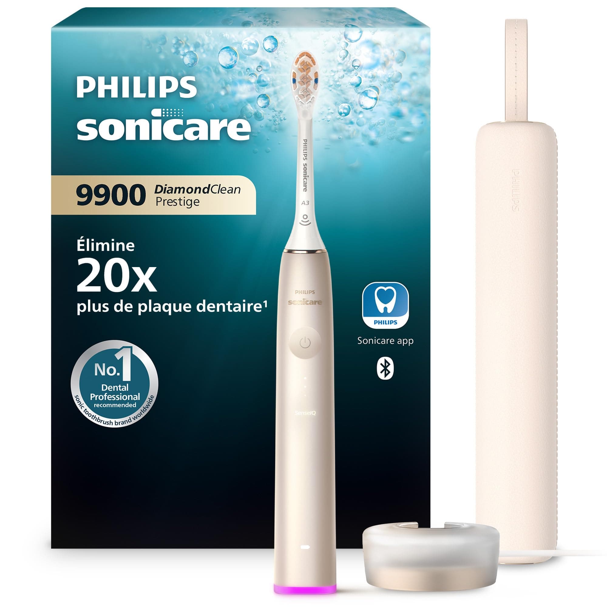Philips Sonicare DiamondClean Prestige 9900 - brosse à dents électrique avec 1 tête de brosse A3 Premium tout-en-un et un boîtier de charge couleur perle (modèle HX9992/11)