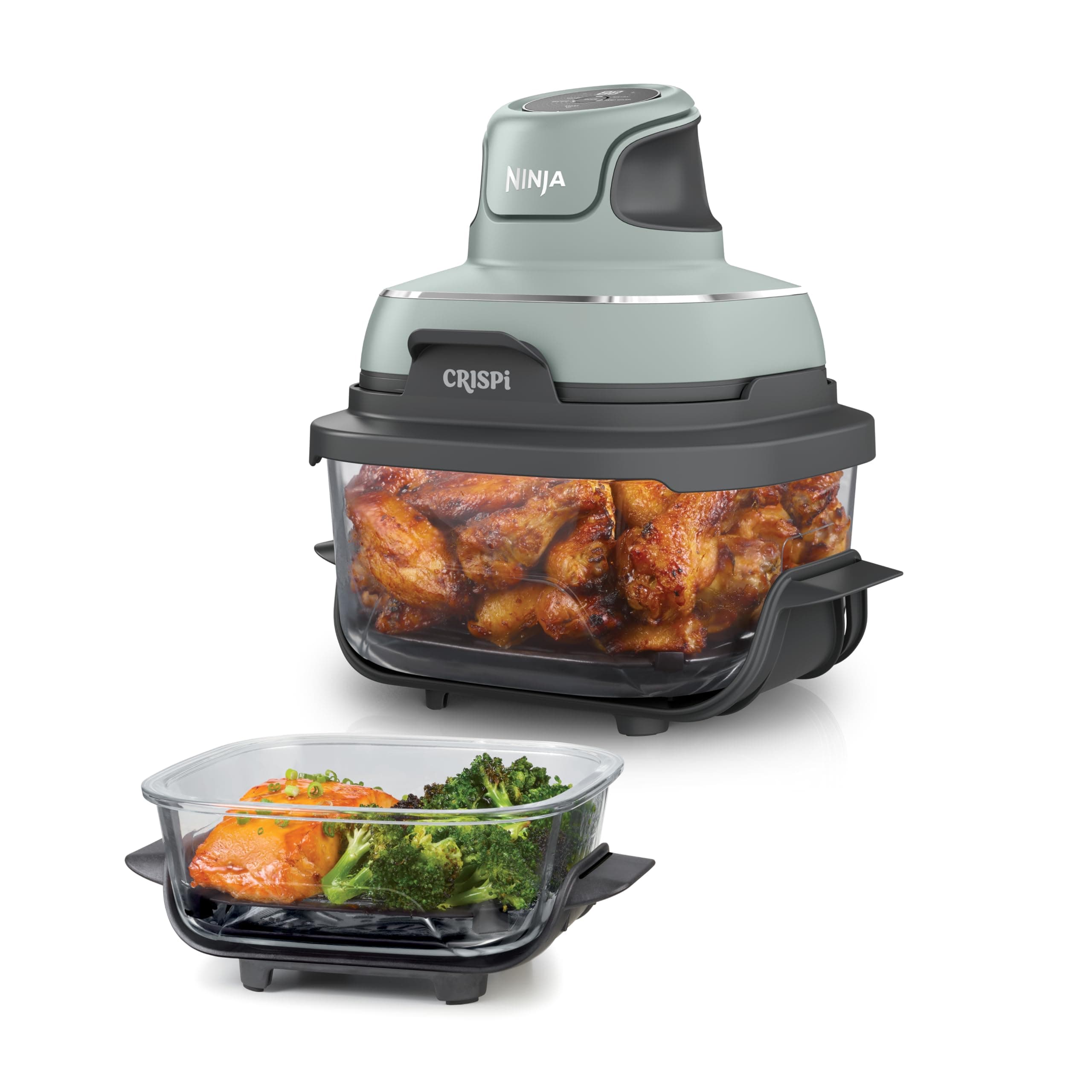 Ninja CRISPi Tragbare Air Fryer Heißluftfritteuse, 3,8 l, 4-in-1: Heißluftfrittieren, Braten, Warmhalten, Recrisp, Kompakt, 6 Portionen, 2 Herausnehmbare Glasbehälter & Deckel, 1700 W, Sage FN101EUSG
