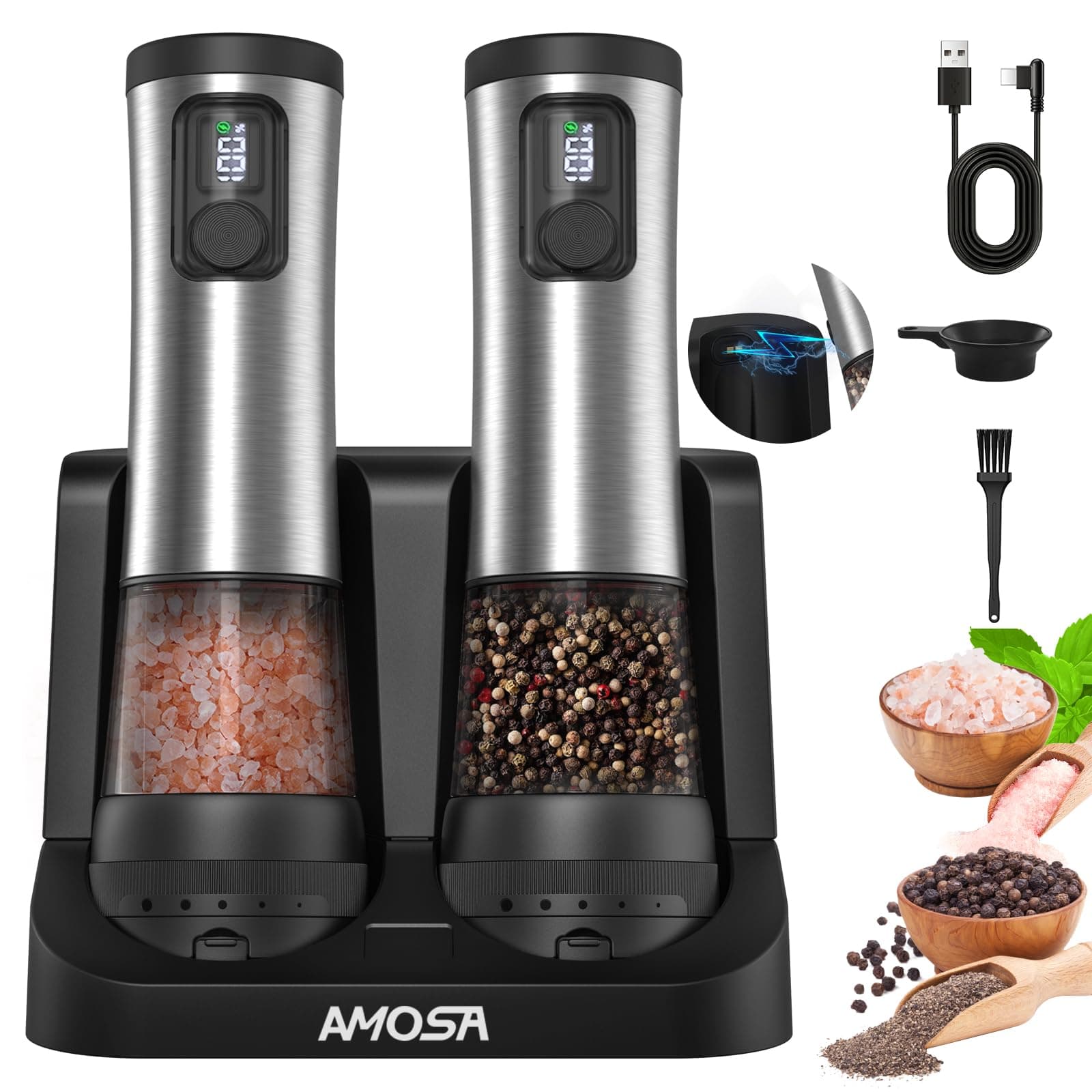 AMOSA Moulin à Poivre Électrique Set, Réglage 2 Vitesses Améliorées, 5 Niveaux de Finesse, Écran de Batterie Et Base Rechargeable, Salières Et Poivrières Automatiques Inoxydables Avec Éclairage LED