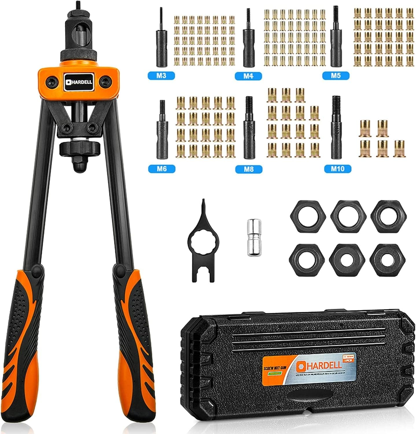 HARDELL Remachadora de Tuercas, 14" Remachadora Manual Con 150pcs Remachadora Tuercas, y 6 Mandriles Intercambiables M3 M4 M5 M6 M8 M10, Naranja