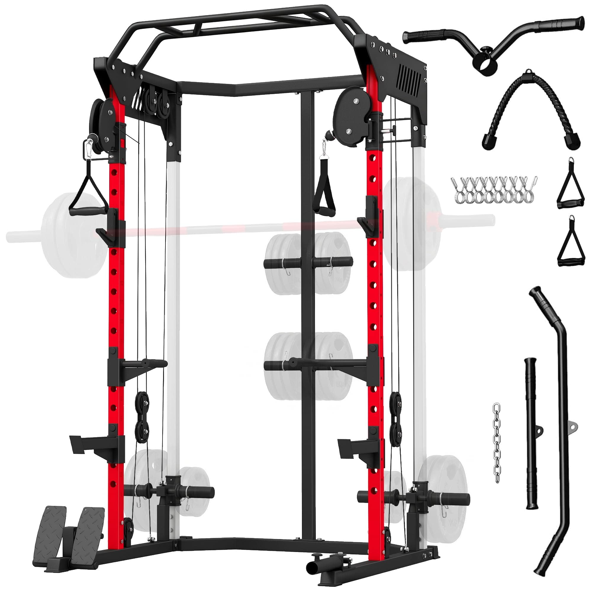 SPORTNOW Station de Musculation Power Rack 900kg - Cage de Squat avec Double Poulie Réglable 19 Niveaux - Home Gym Complet pour Entraînement de Force, avec Tirage Lat et Accessoires, Noir