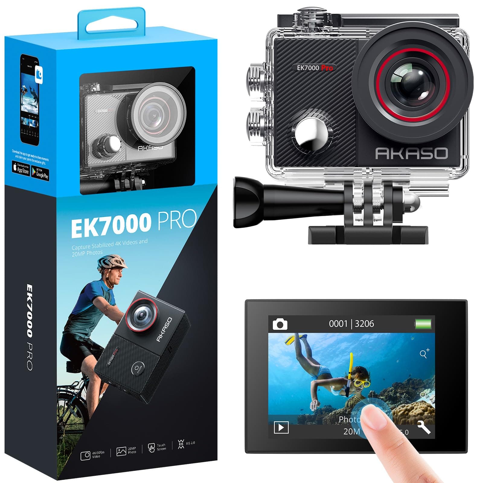 AKASO EK7000 Pro Cámara Deportiva 4K WiFi 20MP, Cámara Sumergible Acuática 40M Impermeable, Cámara de Acción EIS con Control Remoto Ángulo Ajustable Multi Accesorios para Buceo Ciclismo Surf