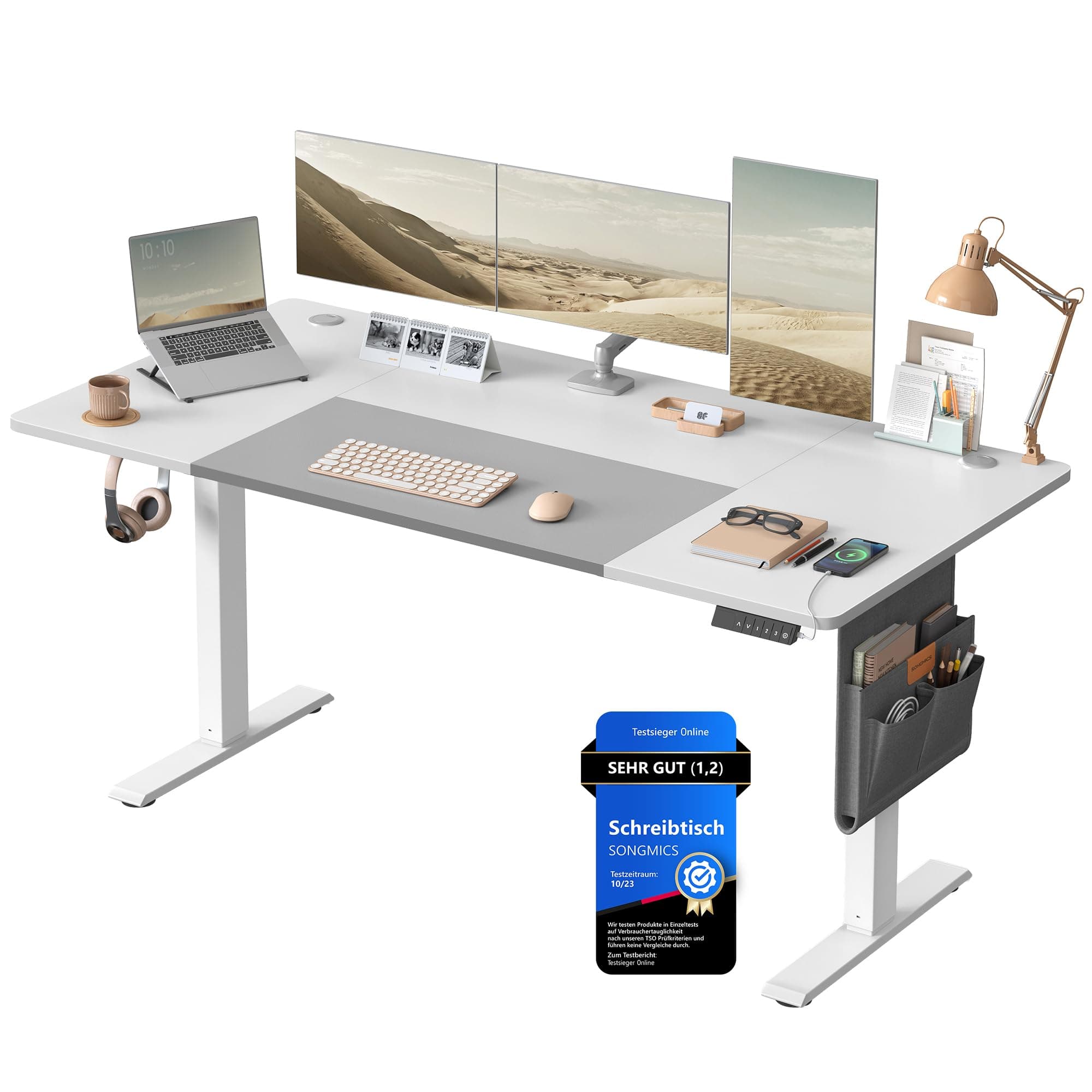 SONGMICS Höhenverstellbarer Schreibtisch elektrisch, 160 x 70 cm, stufenlos verstellbar, Memory-Funktion mit 4 Höhen, wolkenweiß-Taubengrau LSD026W02