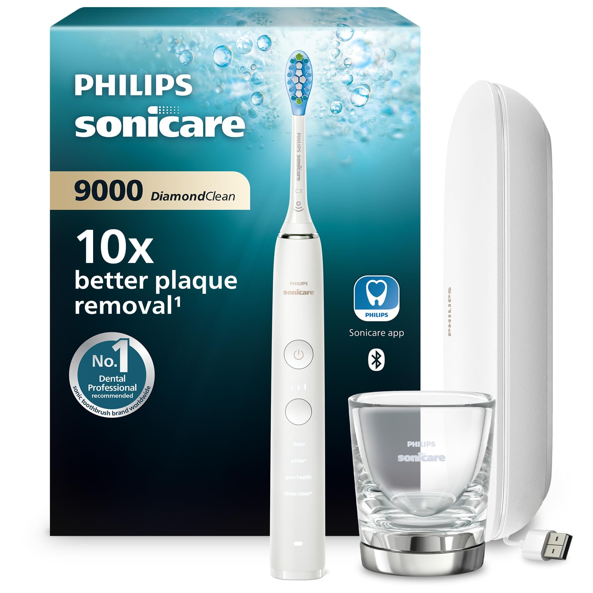 Philips Sonicare DiamondClean 9000 - Brosse à dents électrique, 4 modes de brossage, 3 niveaux d'intensité, capteur de pression, connecté à l’application, étui de voyage USB, blanc, modèle HX9911/27