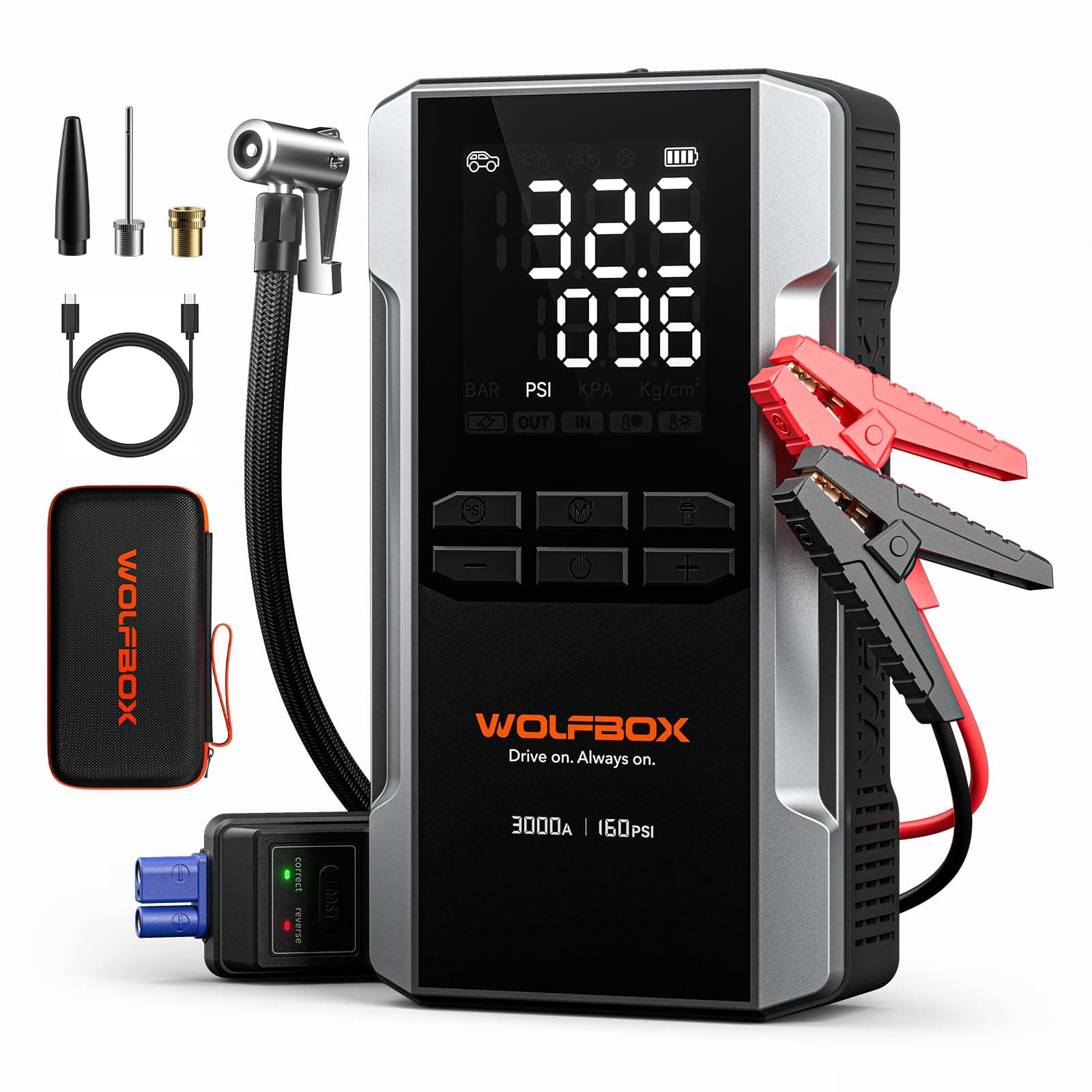 Arrancador de Baterias de Coche con Compresor de Aire, 3000A WOLFBOX Arrancador de Coche Portatil (8L Gas/10L Diesel) con Cargador Rápido 65W, Pantalla Grande y Linterna LED
