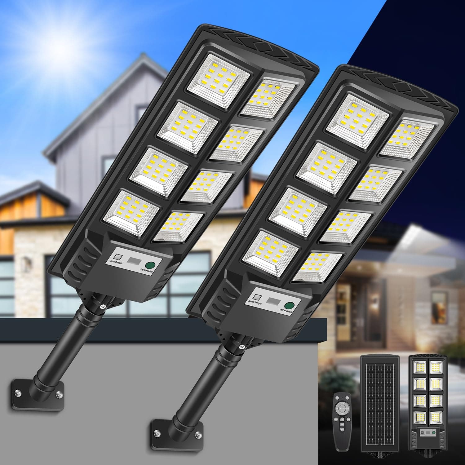 VOPHICHO Farolas Solares Exterior, 6000K Focos Solar LED Jardín con Sensor de Movimiento y Control Remoto, IP66 Impermeable Lampara Solar Luz de Seguridad Exterior para Garage Patio Calle, 2 Pack