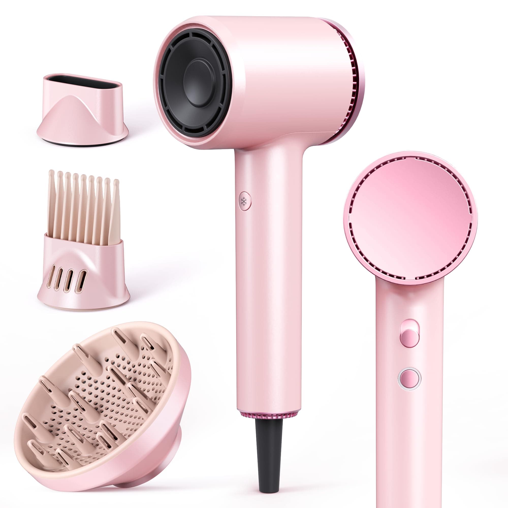 Asciugacapelli Phon Capelli con Diffusore, Phon Ionico 1600W ad Alta Velocità, 110.000 giri/min, 2 Velocità, 4 Temperature, Phon da Viaggio Leggero Silenzioso per Donna, Rosa