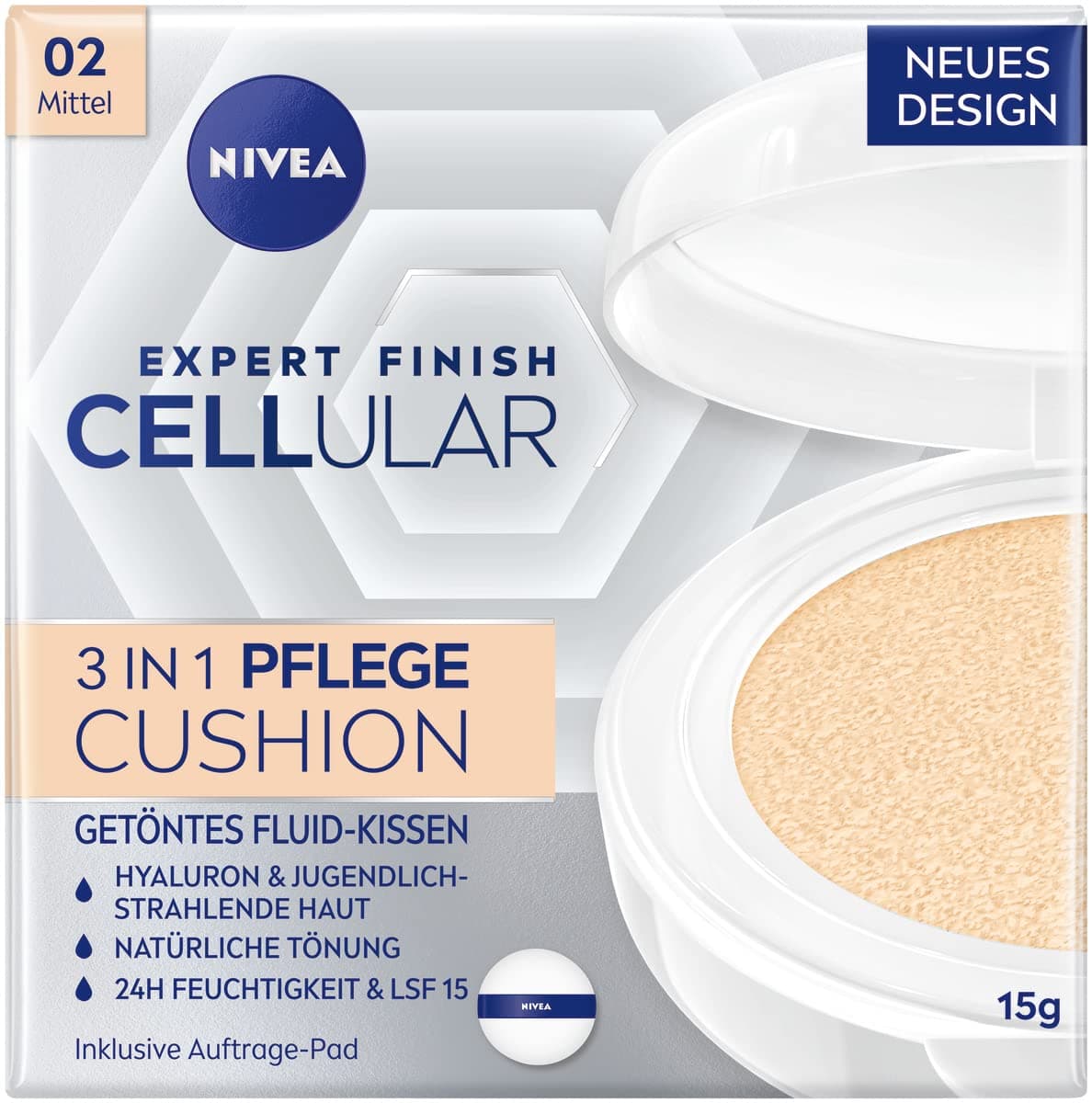 NIVEA Cellular Expert Finish 3in1 Pflege Cushion für mittlere Hauttöne (15 g), Make-up mit Hyaluron, Kollagen-Booster und LSF 15, feuchtigkeitsspendende Cushion Foundation