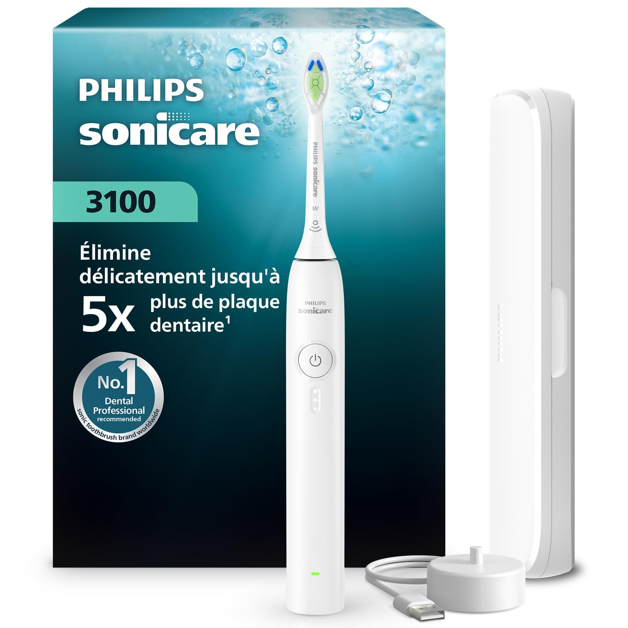 Brosse à dents électrique Philips Sonicare série 3100 – capteur de pression, 3 intensités, EasyStart, SmarTimer, 14 jours d’autonomie, étui de voyage, coloris blanc, modèle HX4033/21, [Nouveau]