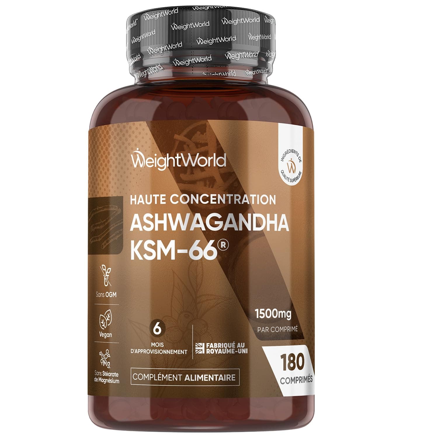 Ashwagandha KSM-66 1500mg/Jour, 180 Micro-Comprimés Vegan (6 Mois), 5% Withanolides, Extrait d'Ashwagandha Poudre Ratio 12:1 (Ginseng Indien Withania Somnifera)