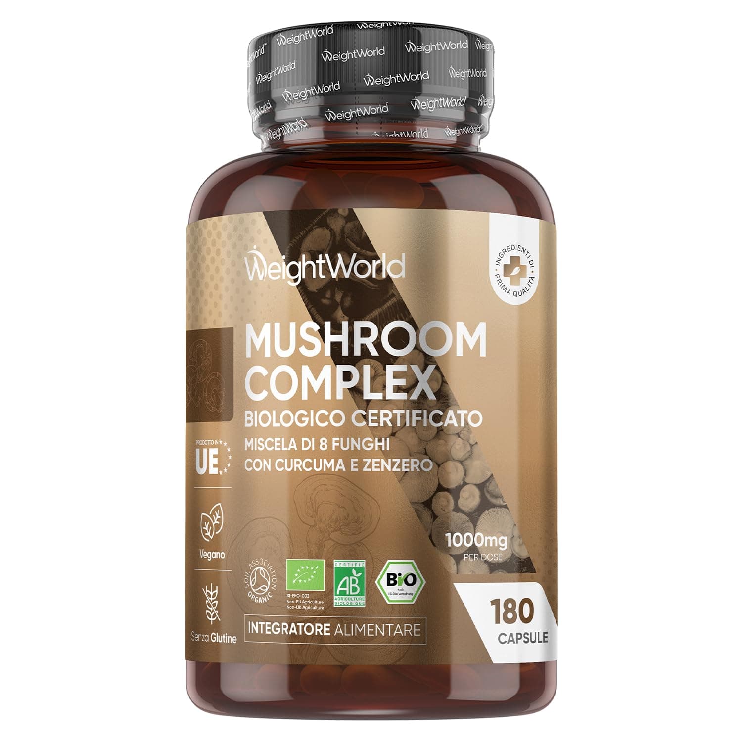 Miscela Funghi Bio, 8 Funghi in 180 Capsule Vegane, 3 Mesi, Mushroom Complex con Lions Mane Mushroom, Cordyceps Sinensis, Ganoderma Lucidum Reishi, Maitake, Chaga, Funghi Shiitake, Curcuma e Zenzero