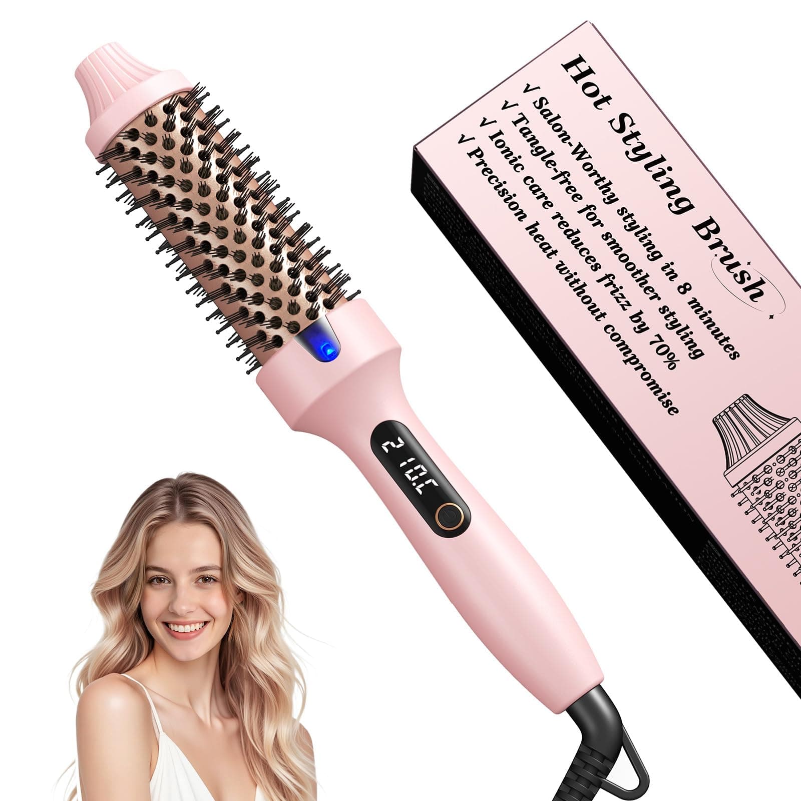Haokoo Spazzola Termica per Capelli 38mm, Crea Ricci e Volume Salon in 8 Minuti, Thermal Brush con Tecnologia Ioni contro il Crespo, 6 Livelli di Calore, Display LED, Doppia Tensione, Rosa