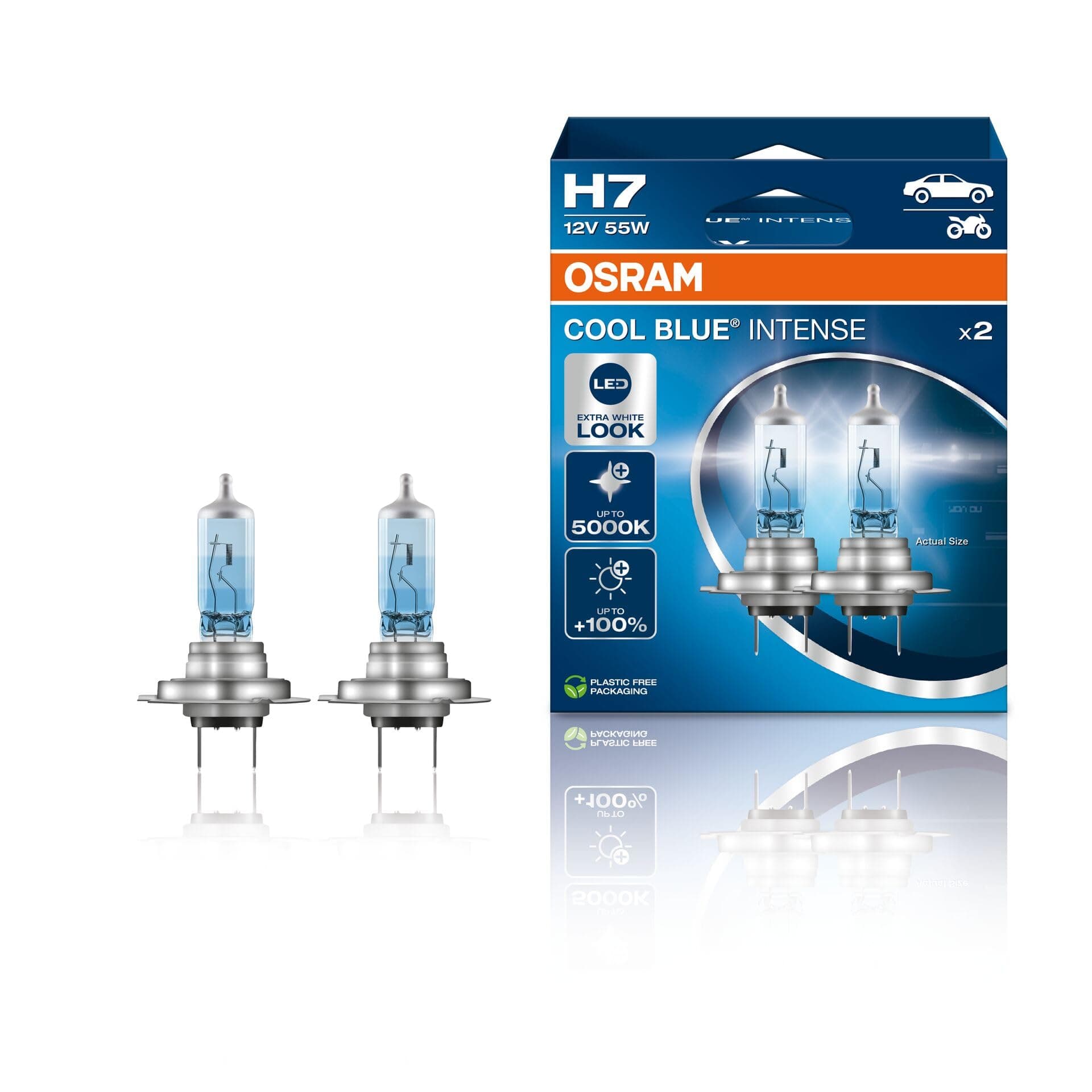 OSRAM COOL BLUE INTENSE H7, +100% di luminosità in più, fino a 5.000 K, lampada frontale alogena, aspetto LED, scatola pieghevole sospesa (2 lampade)