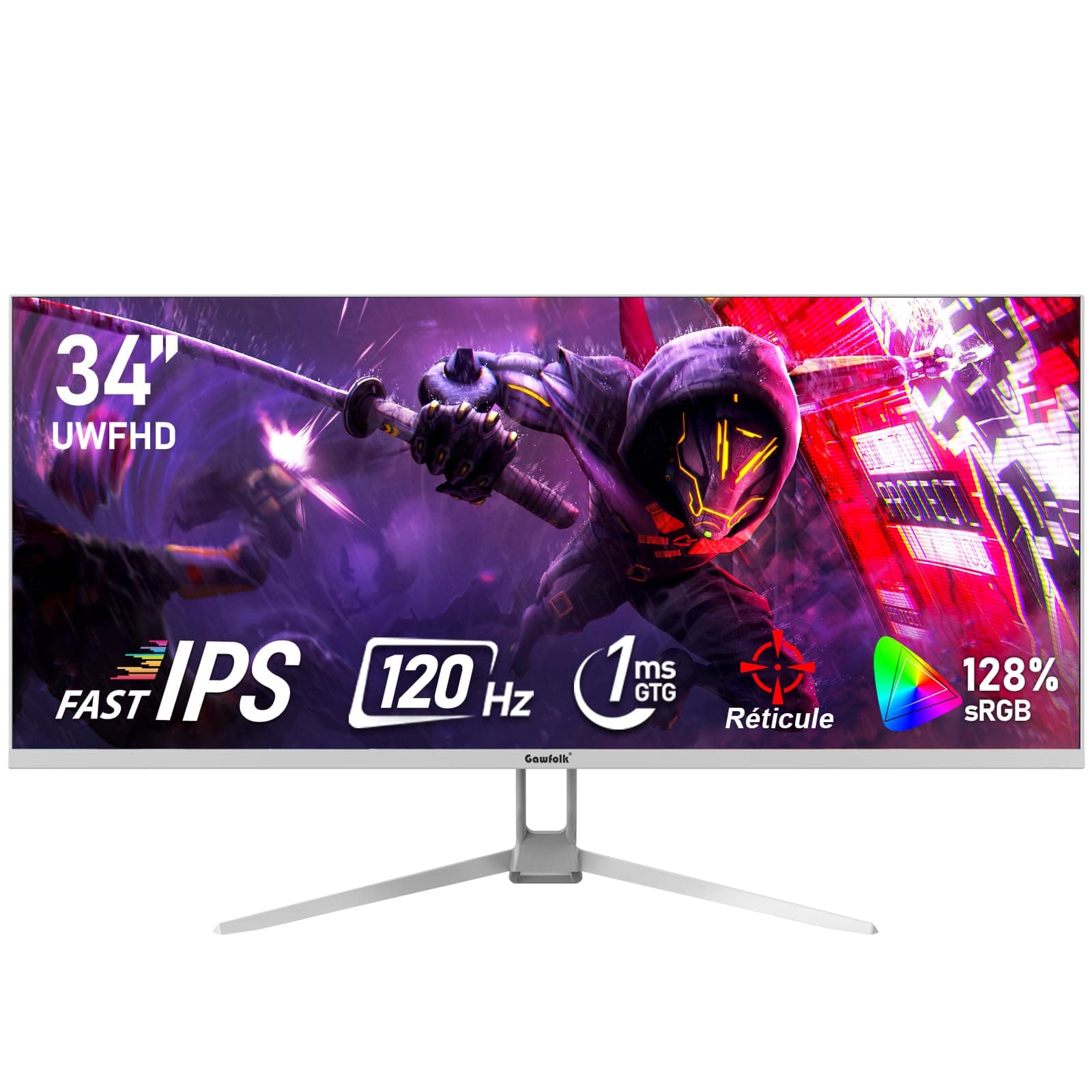 Gawfolk Écran PC IPS Ultra-Large de 34 Pouces，Moniteurs de Jeu 120Hz, 21:9 UWFHD (2560x1080), 128% sRGB, Synchronisation adaptative, Angle de Vision de 178°, DisplayPort, HDMI, VESA 75 * 75MM- Blanc