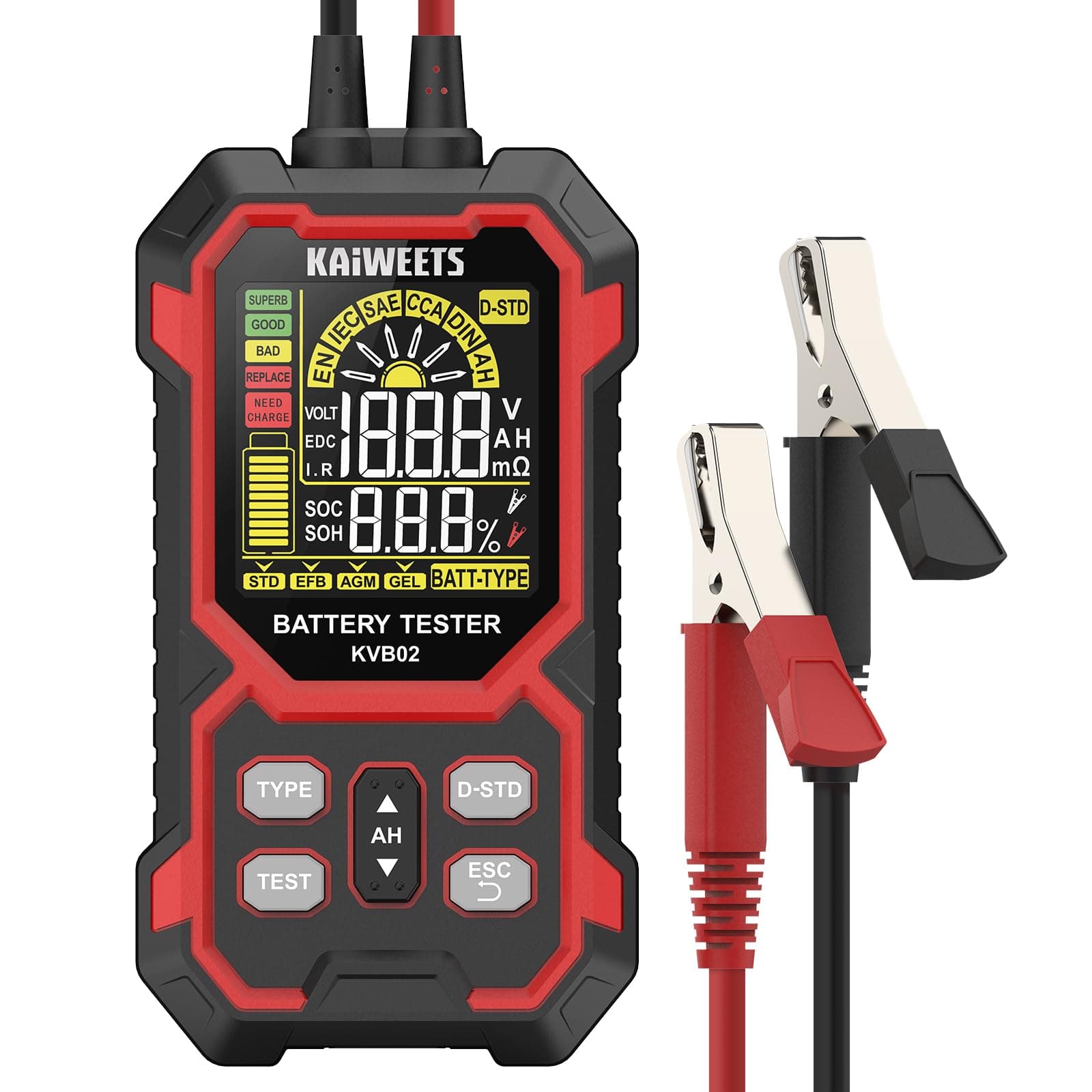 KAIWEETS Tester Batteria Auto 12V/24V Digitale Test Batteria Auto 50–2000 CCA con Analisi SOH/SOC Display LCD Test Avviamento per Veicolo/SUV/Veicolo