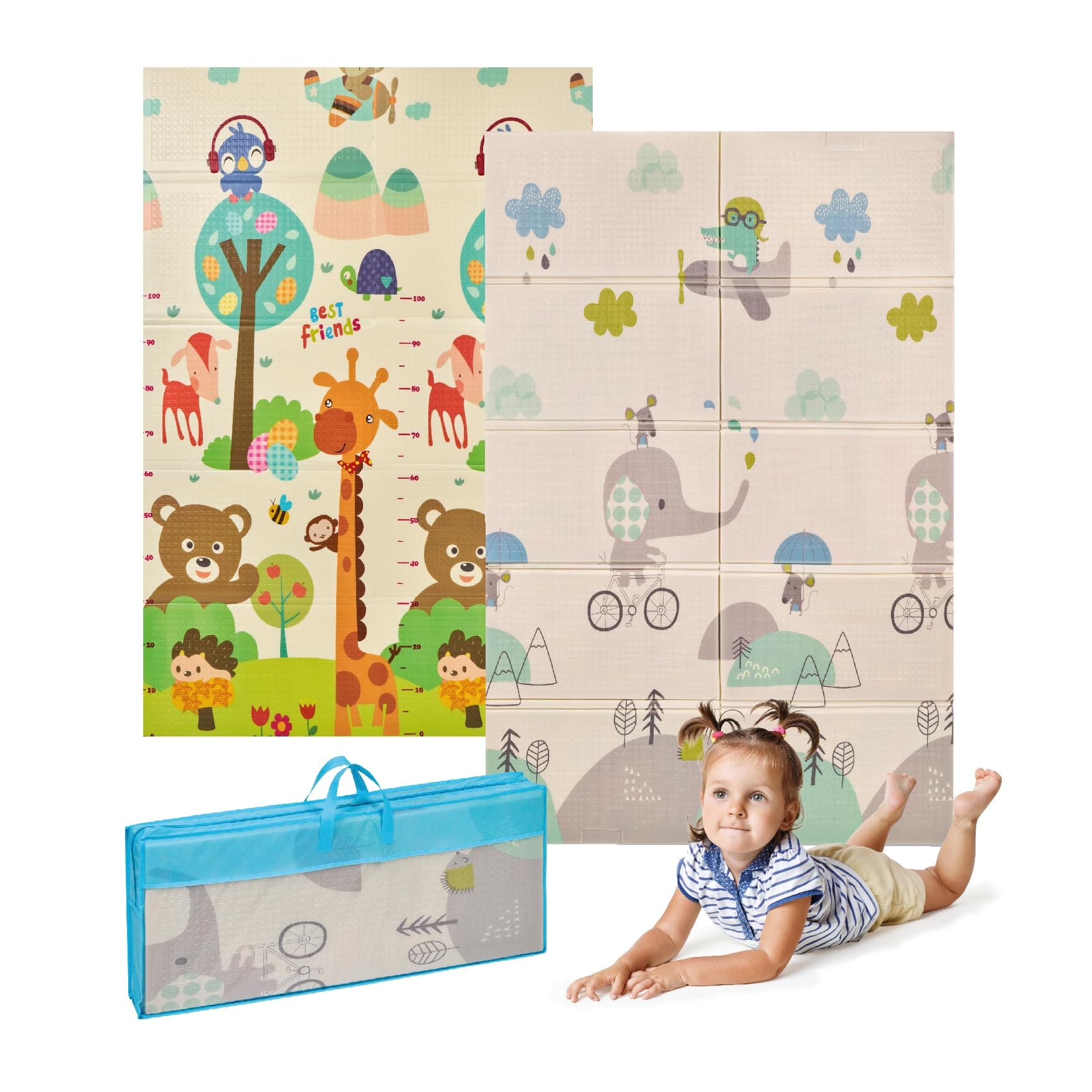 MS BabyWorld - Trendy - Alfombra de Juegos para Bebé 3 tamaños a elegir- Doble Cara, Tapete Muy acolchado (1cm Grosos), Plegable y con Bolsa de transporte (180 * 120, Elephant/Selva)