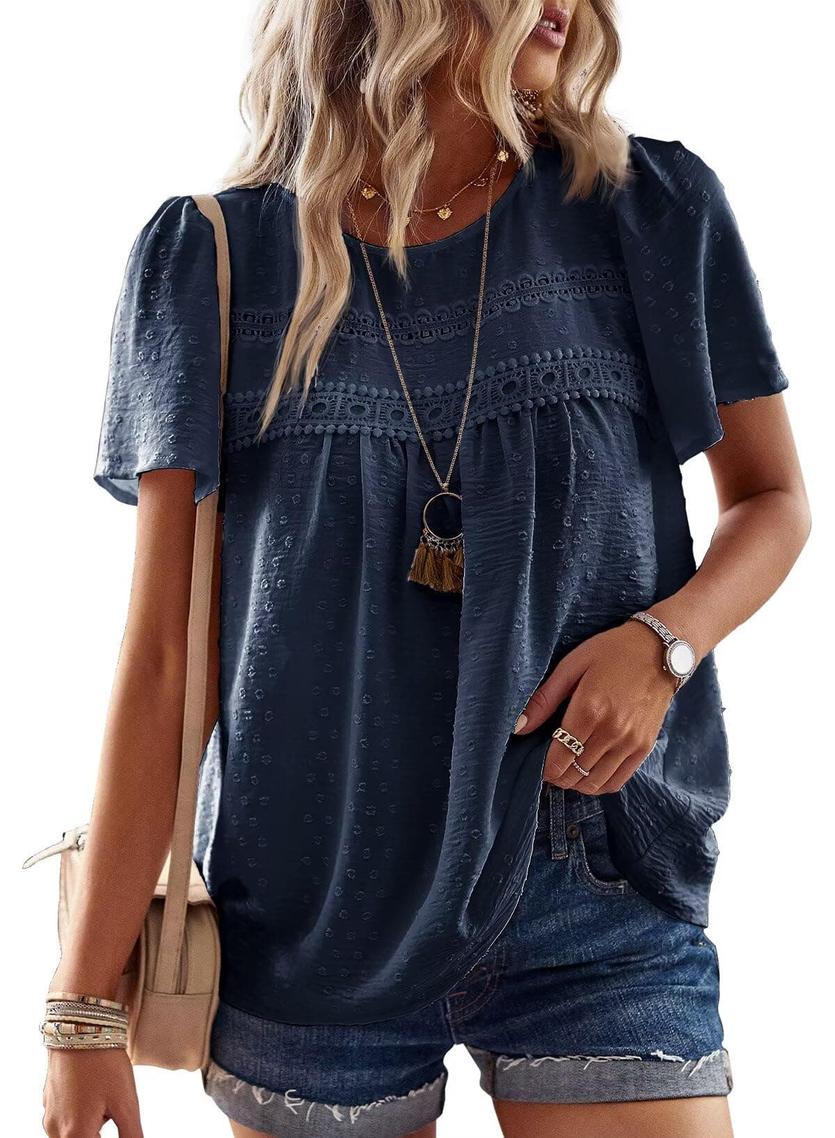 TUUHAW T-Shirt da Donna Pizzo Manica Corta Magliette con Scollo Estive Camicia Casual Abbigliamento Boho Top Maglie Tunica