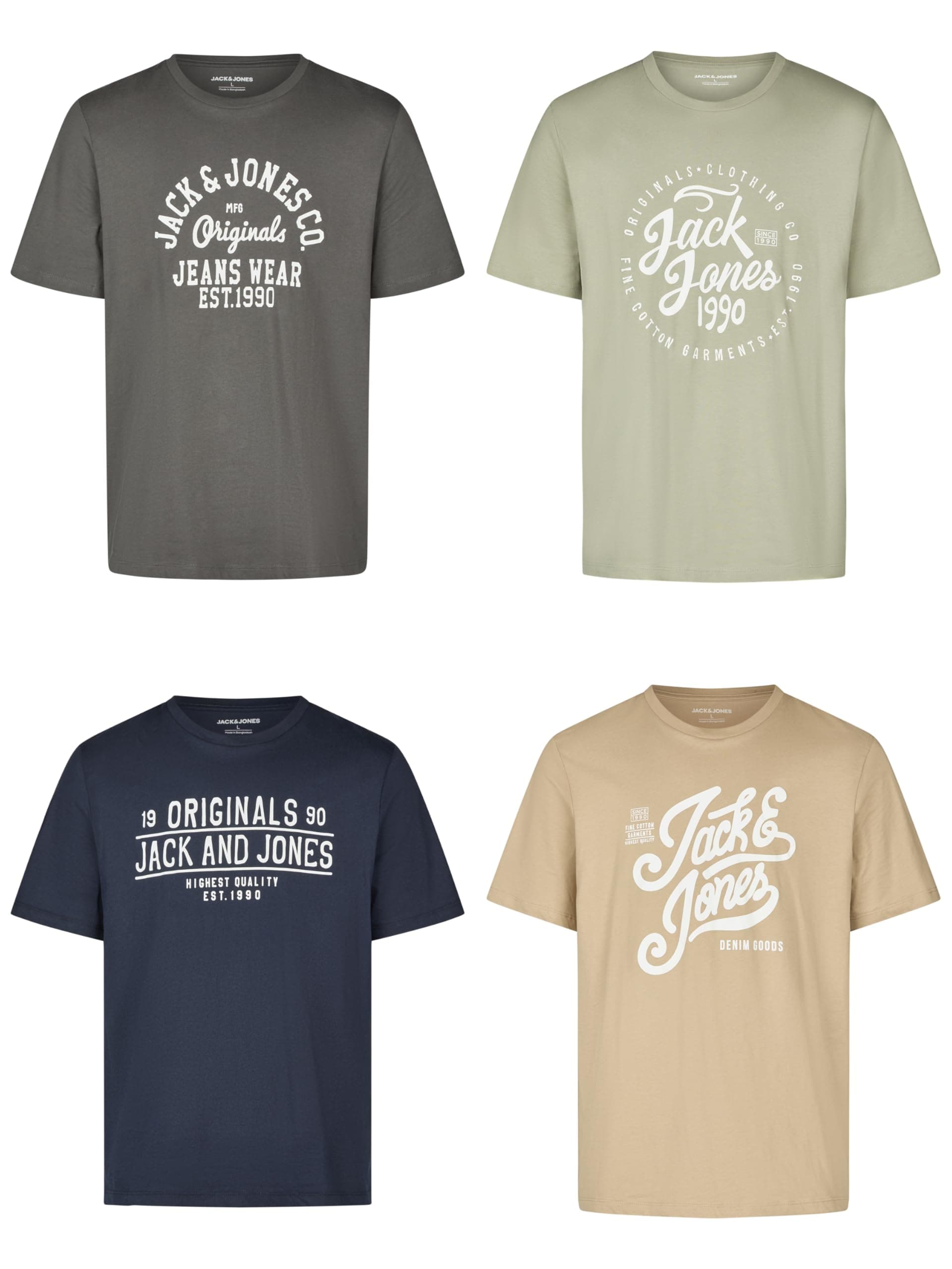 JACK & JONES Tshirt Herren Regular Fit JJLINO 4er Pack Set Pack Rundhals Kurzarm Sommer Tee Shirt Print Schwarz Weiß Grün Rot Blau Grau S M L XL XXL 3XL