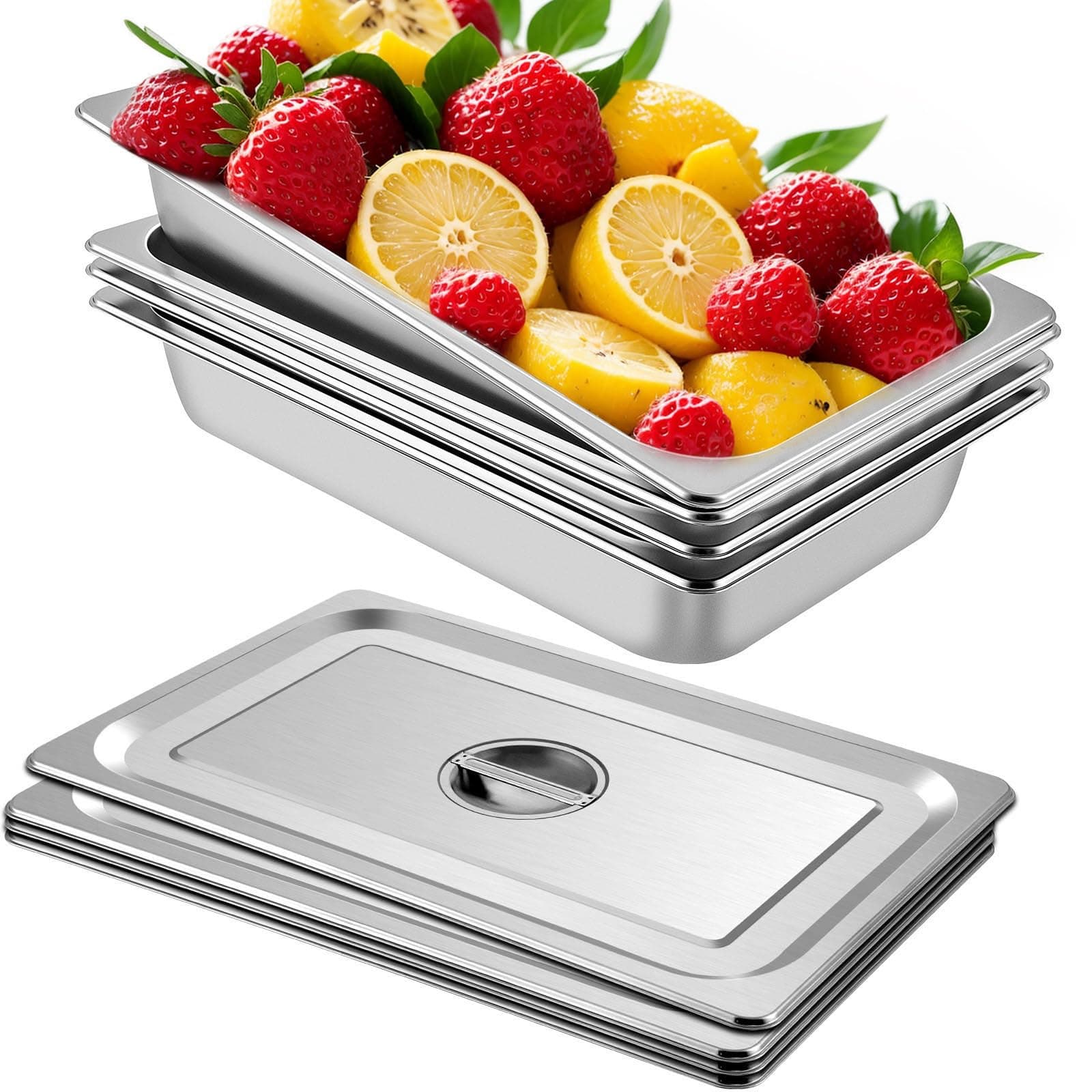 VEVOR Bac Inox Alimentaire avec Couvercle 53,7x33x9,5 cm Lot de 4 Plats à Four en Inox Épaisseur 0,8mm Bac Gastro Rectangulaire Effet Miroir Aliments Chauds et Froids pour Cuisine de Restaurant Gril