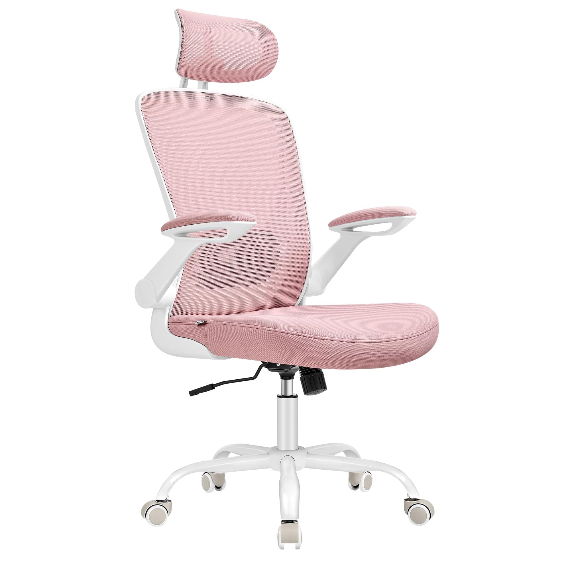 SONGMICS Silla de Oficina, Silla de Escritorio de Malla, Silla Giratoria Ergonómica, Soporte Lumbar, Oscilante, Asiento de 53 cm, Apoyabrazos Abatibles, Reposacabezas, Rosa Jalea OBN047R01