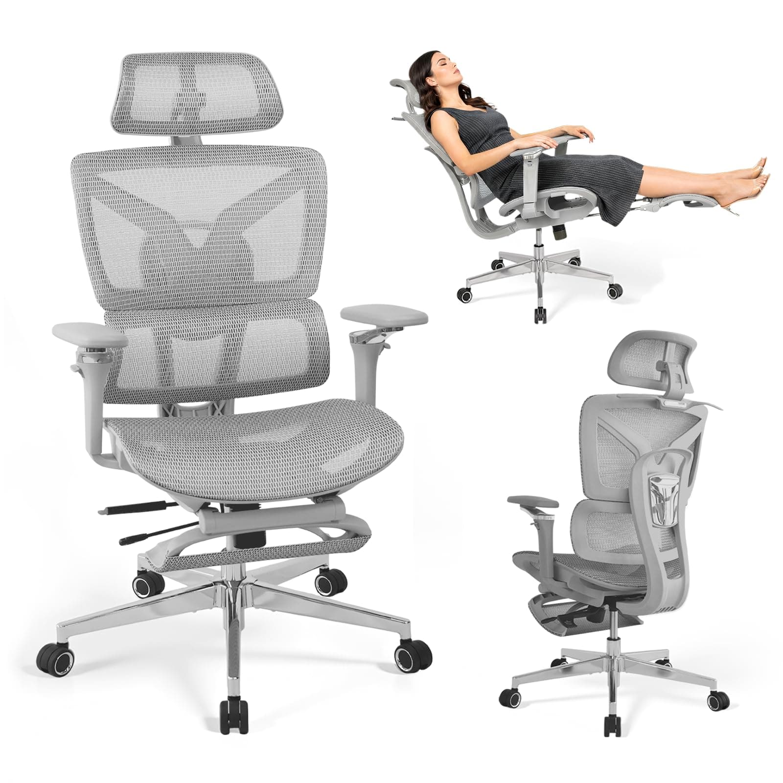 Rieior Chaise de Bureau Ergonomique Grand et Haut avec Repose-Pieds, Accoudoirs Réglables 5D, Support Lombaire, Dossier en Maille Inclinable, Siège Profondeur Réglable, Chaise Gaming Gris