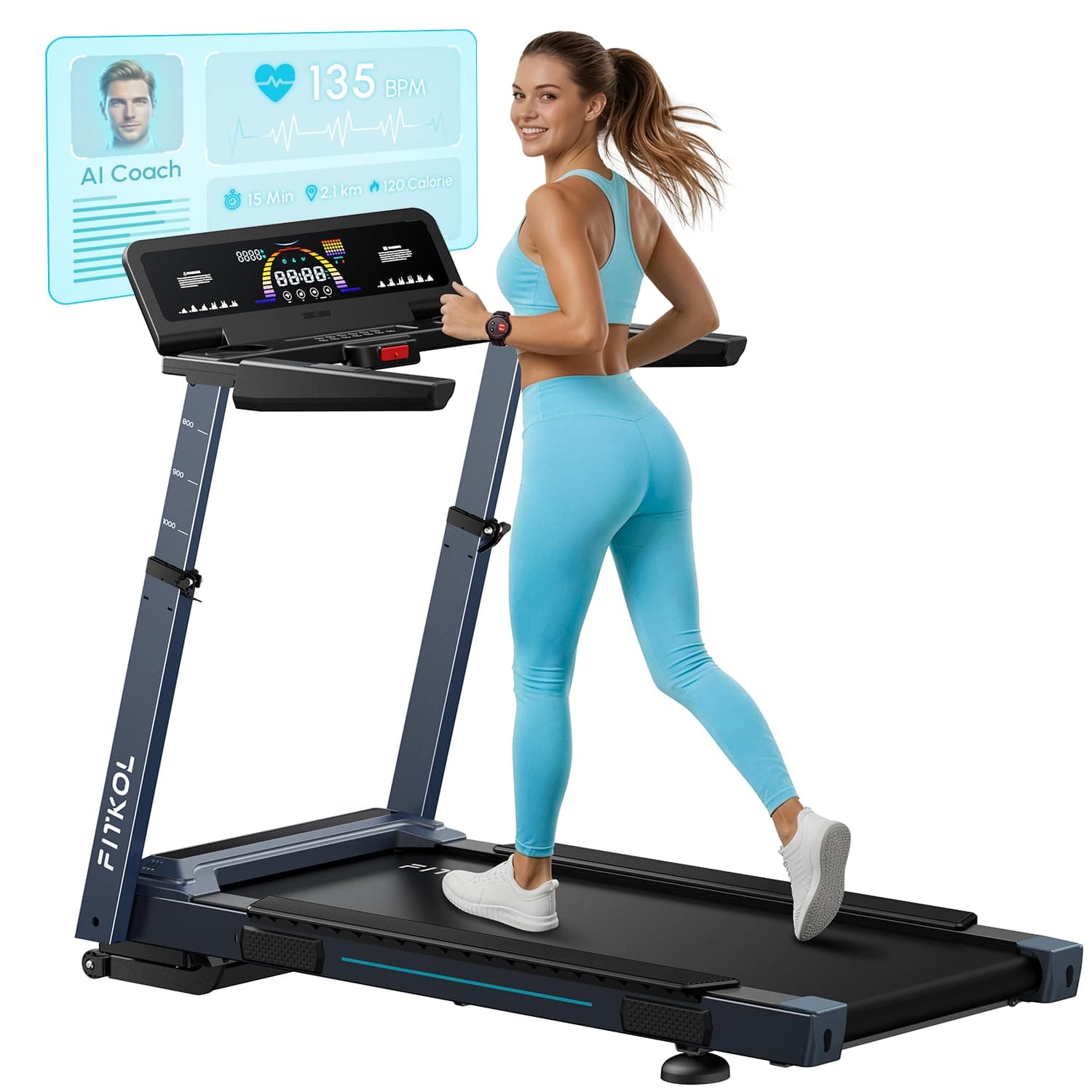 Tapis de Course Adaptatif IA : Vitesse et Inclinaison Automatiques, Coach IA en Temps Réel, Contrôle Cardiaque Intelligent, Moteur 5,0 HP, Charge Max 200 kg, pour Débutants