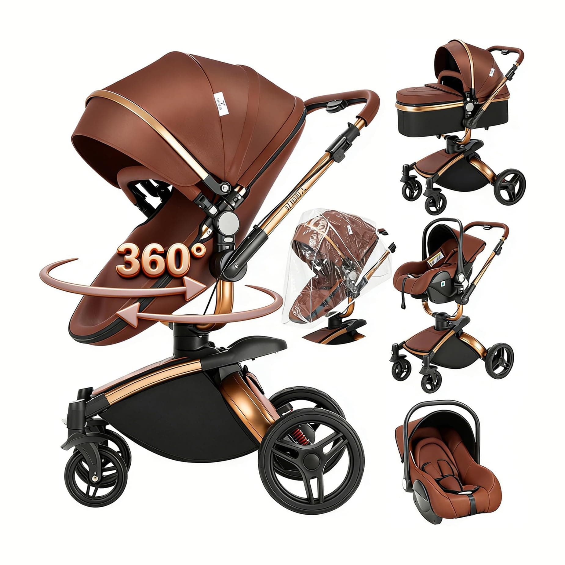 Magic ZC 360° Rotative Cuir PU Poussette 3 en 1, Pousette Bebe avec Mode Double Réversible, Poussette Combinée Cadre en Alliage d'aluminium, Pousette Citadine Nacelle Grande Pliable (906 brown)