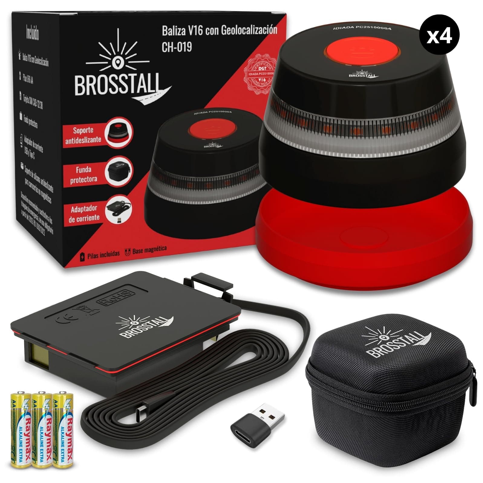 Brosstall Baliza V16 Homologada DGT con Geolocalización, Pack de 4 uds, Tarjeta SIM hasta 2038, sin suscripciones, Luz de Emergencia Geolocalizada Conectada con la DGT 3.0 para Coche, Anónima (4)
