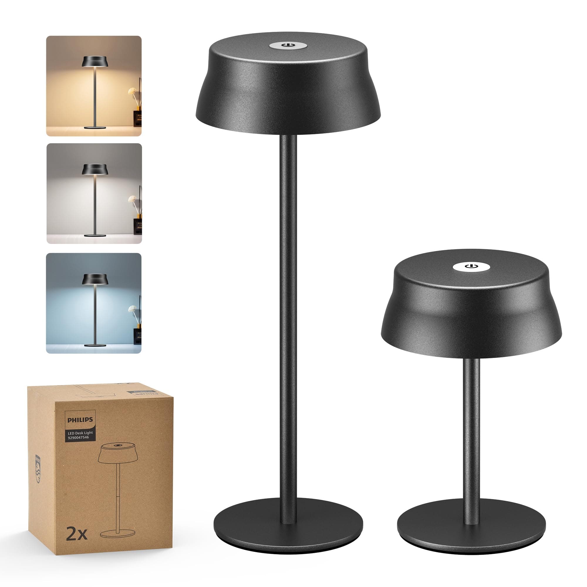 Philips lot de 2 Lampe de Table Sans Fil, Bureau LED Portable pour Extérieur, Alimentée par Batterie Rechargeable, 2 Hauteurs Réglables, Contrôle Tactile et 3 Couleurs avec Gradation Continue