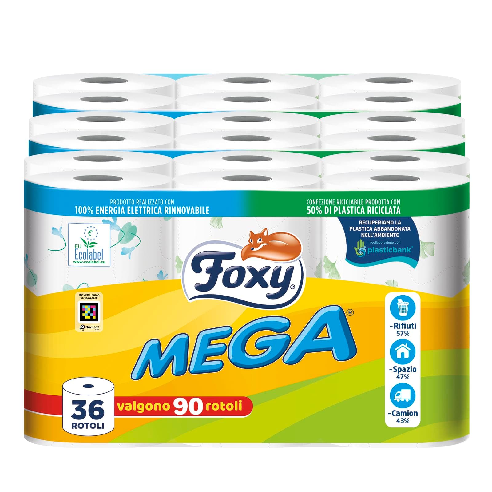 Foxy Mega | Carta igienica 36 rotoli| 480 strappi| Decorata |100% Energia elettrica rinnovabile| Confezione prodotta con plastica riciclata