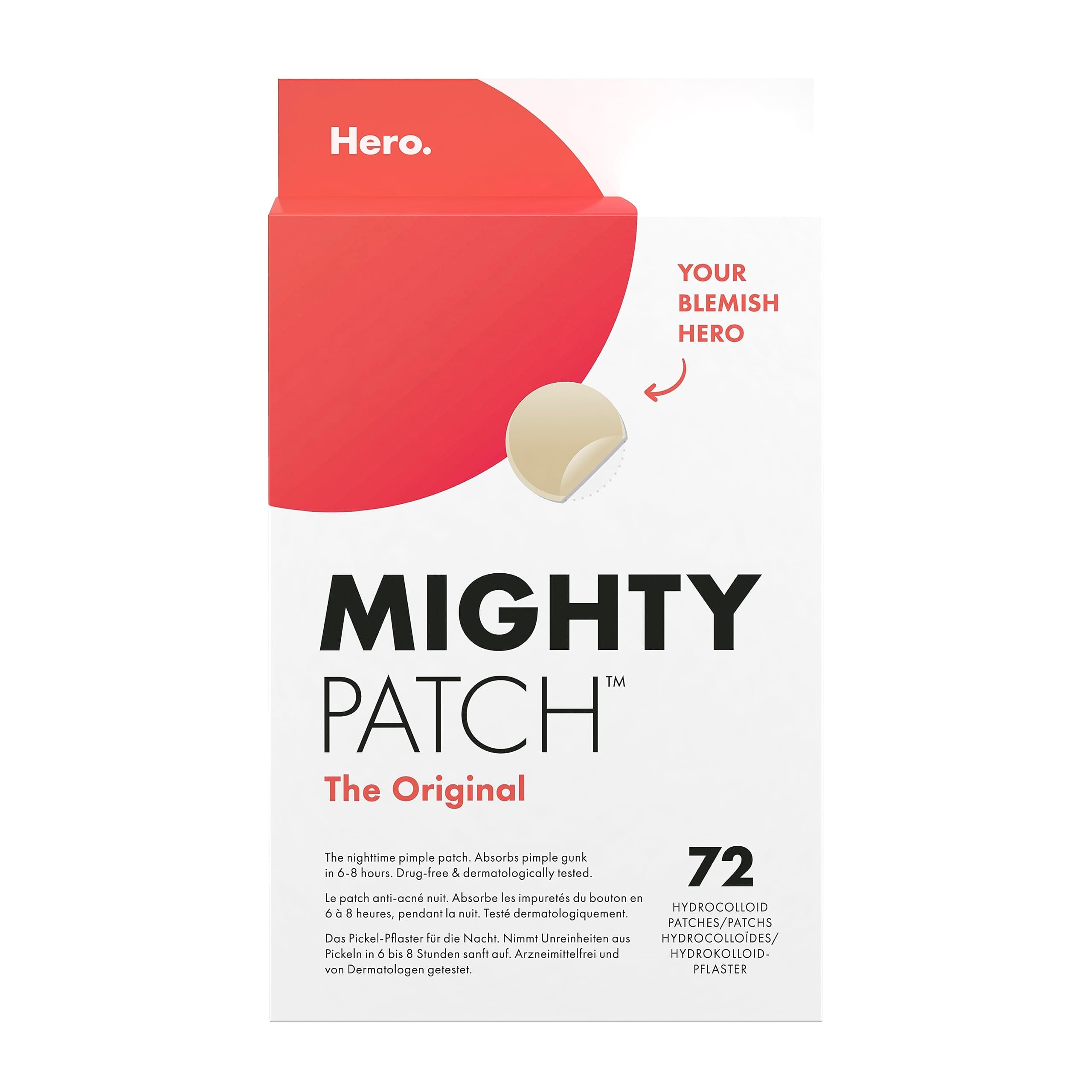 Hero Cosmetics Mighty Patch Original – Patch Bouton Nuit – Résultats en 6H – Technologie Hydrocolloïde – Absorbe les Impuretés & Réduit les Boutons – Format 72 Patchs