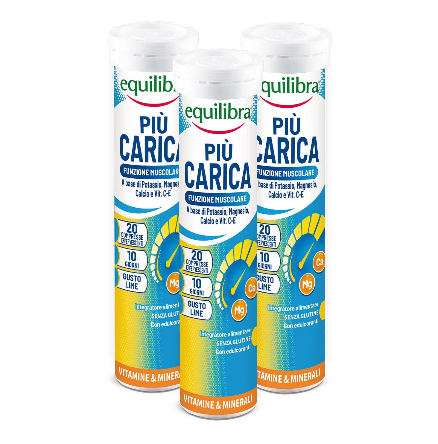Equilibra Integratori Alimentari, Più Carica, Integratore per la Normale Funzione Muscolare, con Potassio, Magnesio, Calcio, Vitamina C e Vitamina E, Gusto Lime, 3 pezzi da 20 Compresse Effervescenti