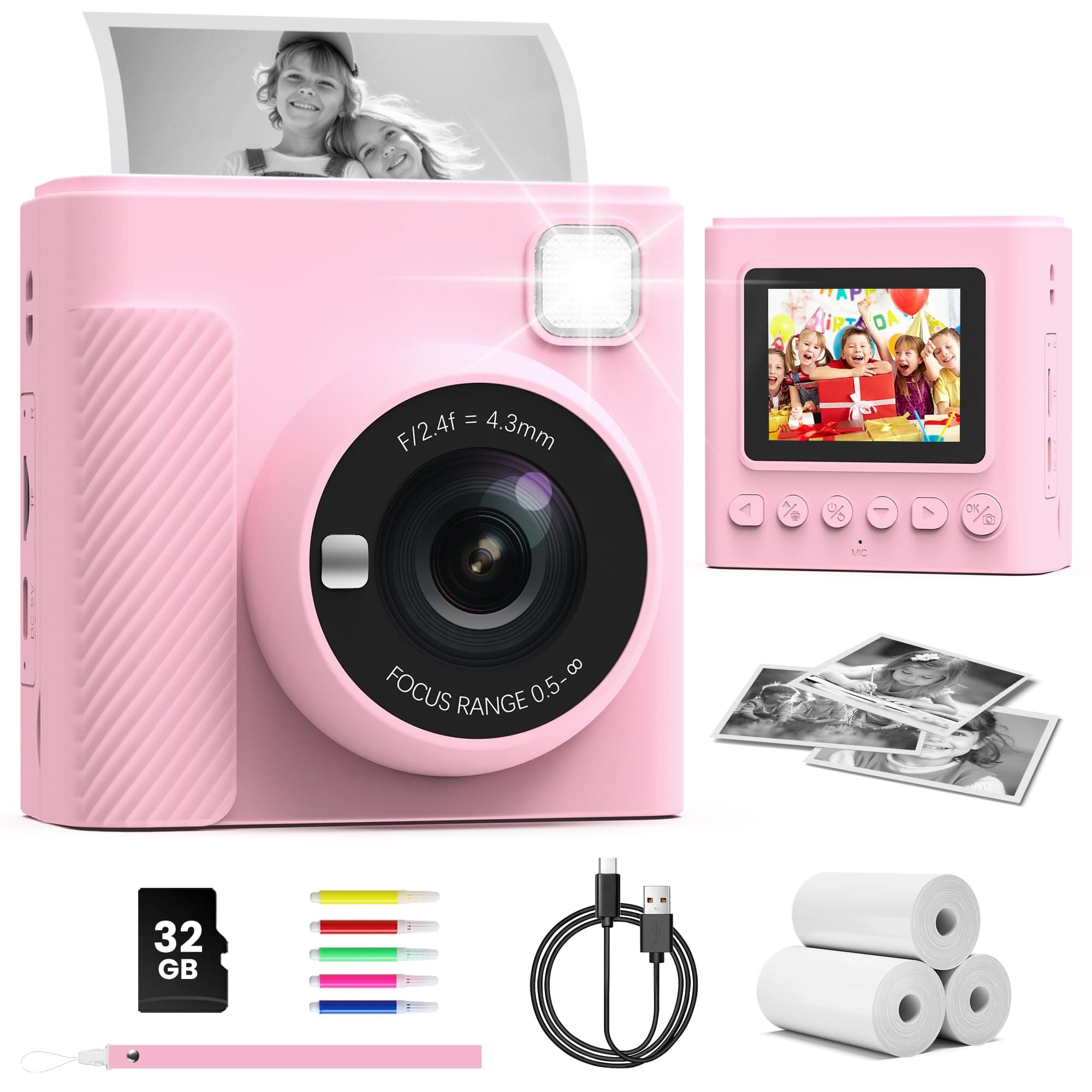 TIATUA Macchina Fotografica Bambini Istantanea, 2.4 Pollici 1080P Fotocamera Digitale Bambini con 32GB Scheda & Papier Photo, Regalo di Natale per Bambin i dai 3-12 Anni