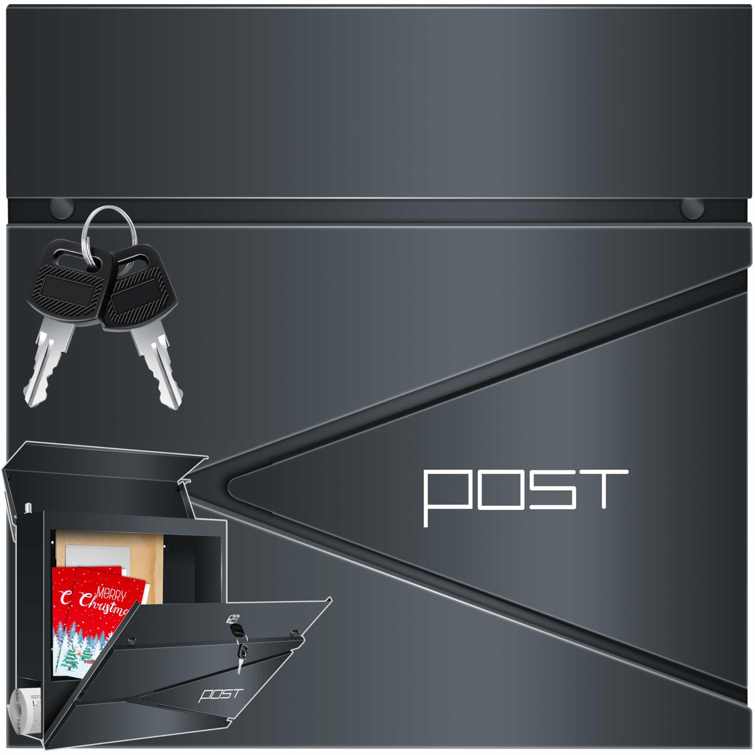 KESSER® Briefkasten mit Zeitungsfach Wandmontage Wandbriefkasten Edelstahl, 2X Schlüssel abschließbar, Moderner Postkasten Zeitungsrolle, inkl. Montagematerial, Softclose-Deckel, Anthrazit