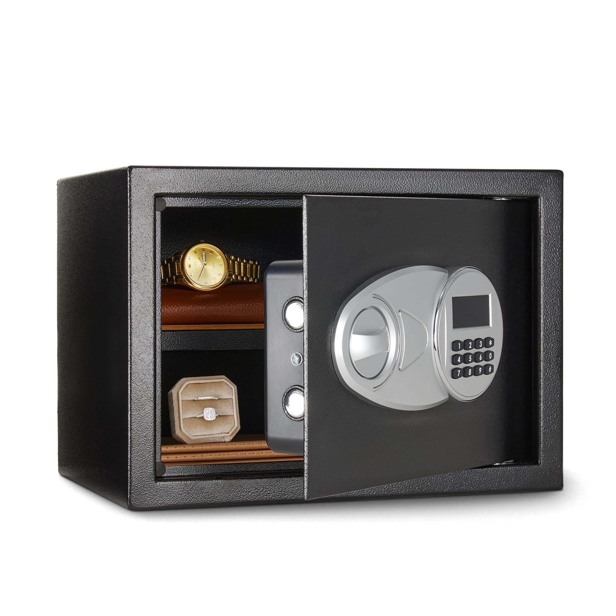 Amazon Basics Caja Fuerte de Seguridad de Acero con Cerradura con Teclado, Protege Dinero, Joyas, Documentos de identificación, 14 l, 35 cm x 25 cm x 25 cm, Color Negro