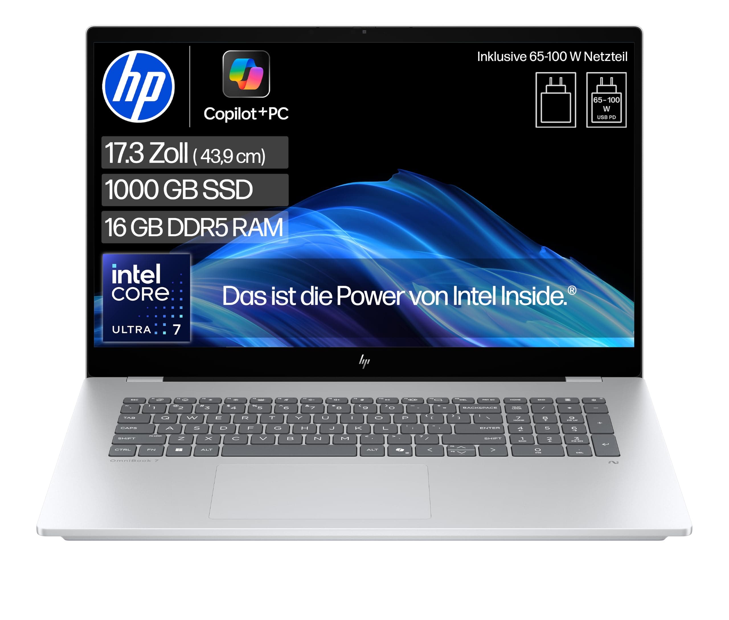 HP OmniBook 7, 17,3" FHD Touch, Intel Core Ultra 7, 16GB RAM, 1TB SSD | Copilot+ Laptop für Business, Kreativarbeit & Multitasking auf großem Display - inkl. Netzteil und Ladekabel, QWERTZ, Silber