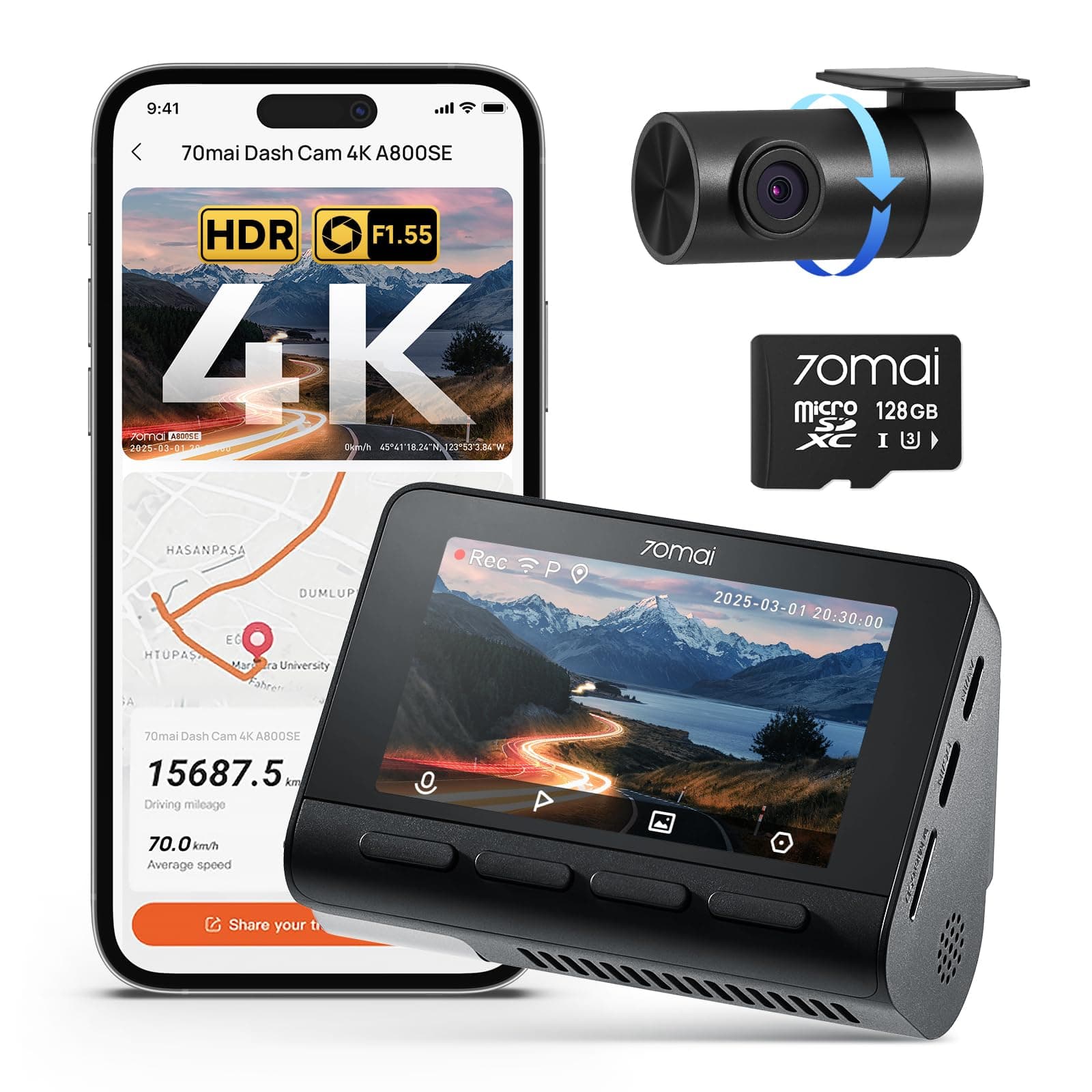 70mai A800SE Dashcam 4K+1080P GPS WiFi, Doppia Telecamera Auto Fronte/Retro con SD 128GB, F1.55, HDR, Visione Notturna, ADAS, Schermo 3", Parcheggio 24/7, Supporta fino a 512GB